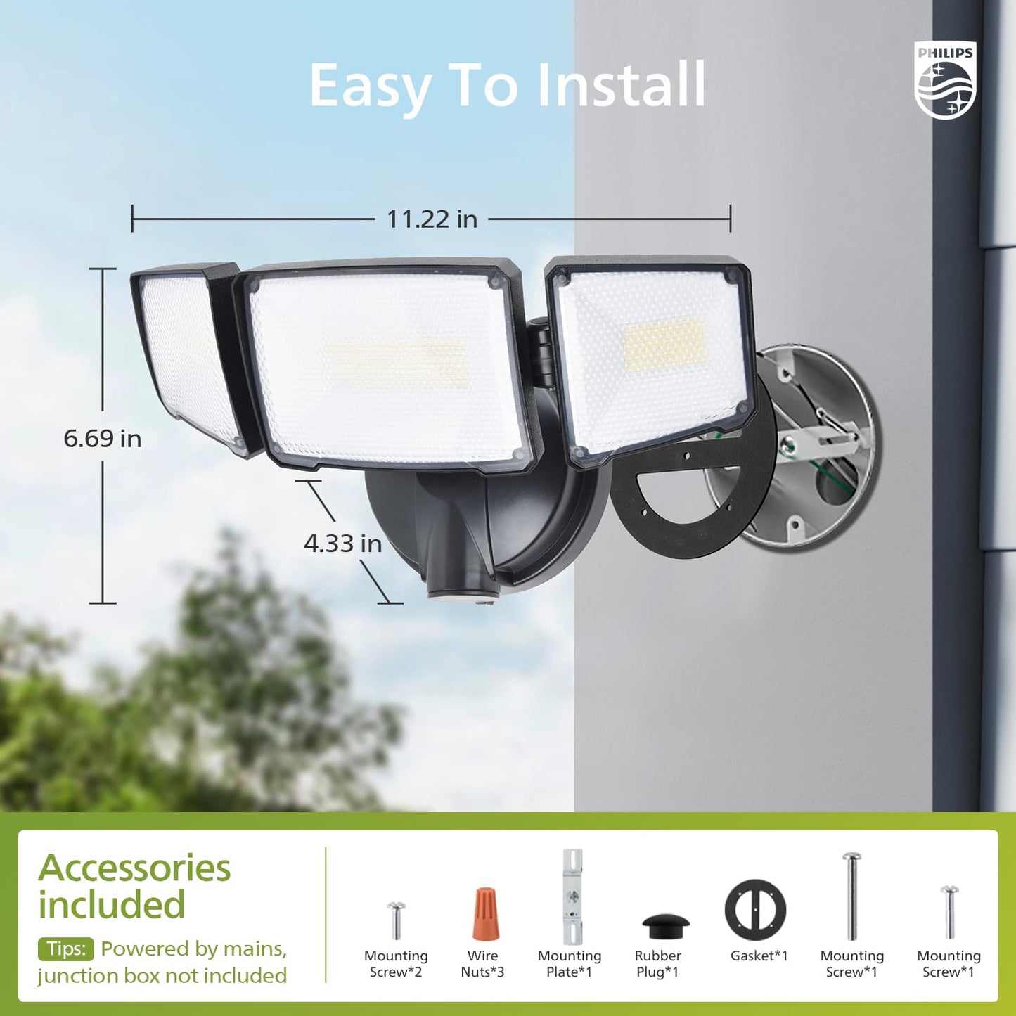 Philips 72W 7400LM LED Outdoor Flood Light, 3 Adjustable Heads, Switch Controlled, Waterproof Aluminum Security Light, 5000K Daylight