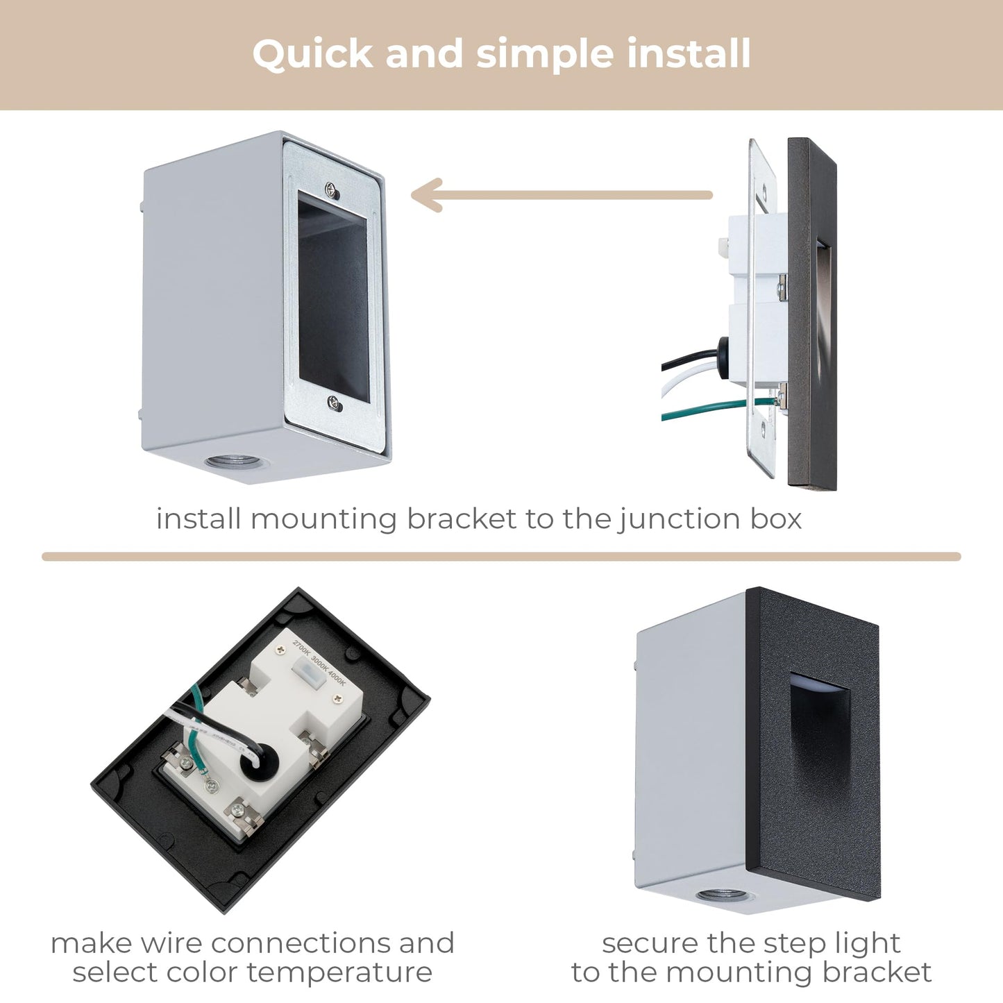 East Grove LED Step & Deck Light, 120V, Indoor/Outdoor, 3-CCT 2700K-4000K, Vertical, Matte Black