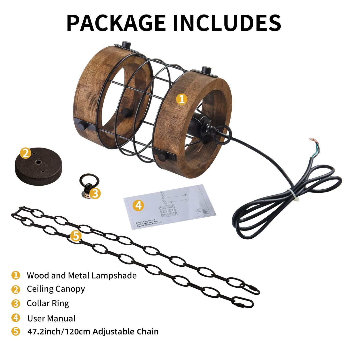 wochos Retro Industrial 1-Light Metal & Wood Cage Pendant Light, Round Chandelier for Kitchen, Dining, Foyer, Hallway, Bar (Brown)