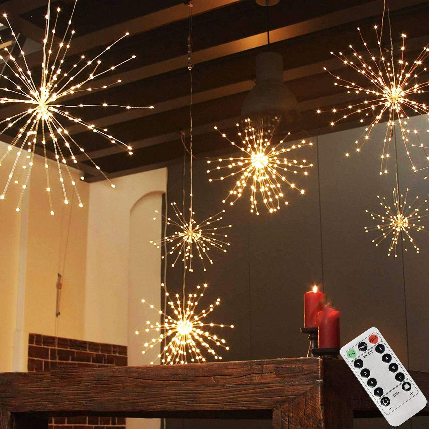 PXBNIUYA 200 LED Hanging Sphere Starburst Lights, Battery Operated, 8 Modes Dimmable Remote, Waterproof Fairy Lights, Warm White Indoor/Outdoor Decor
