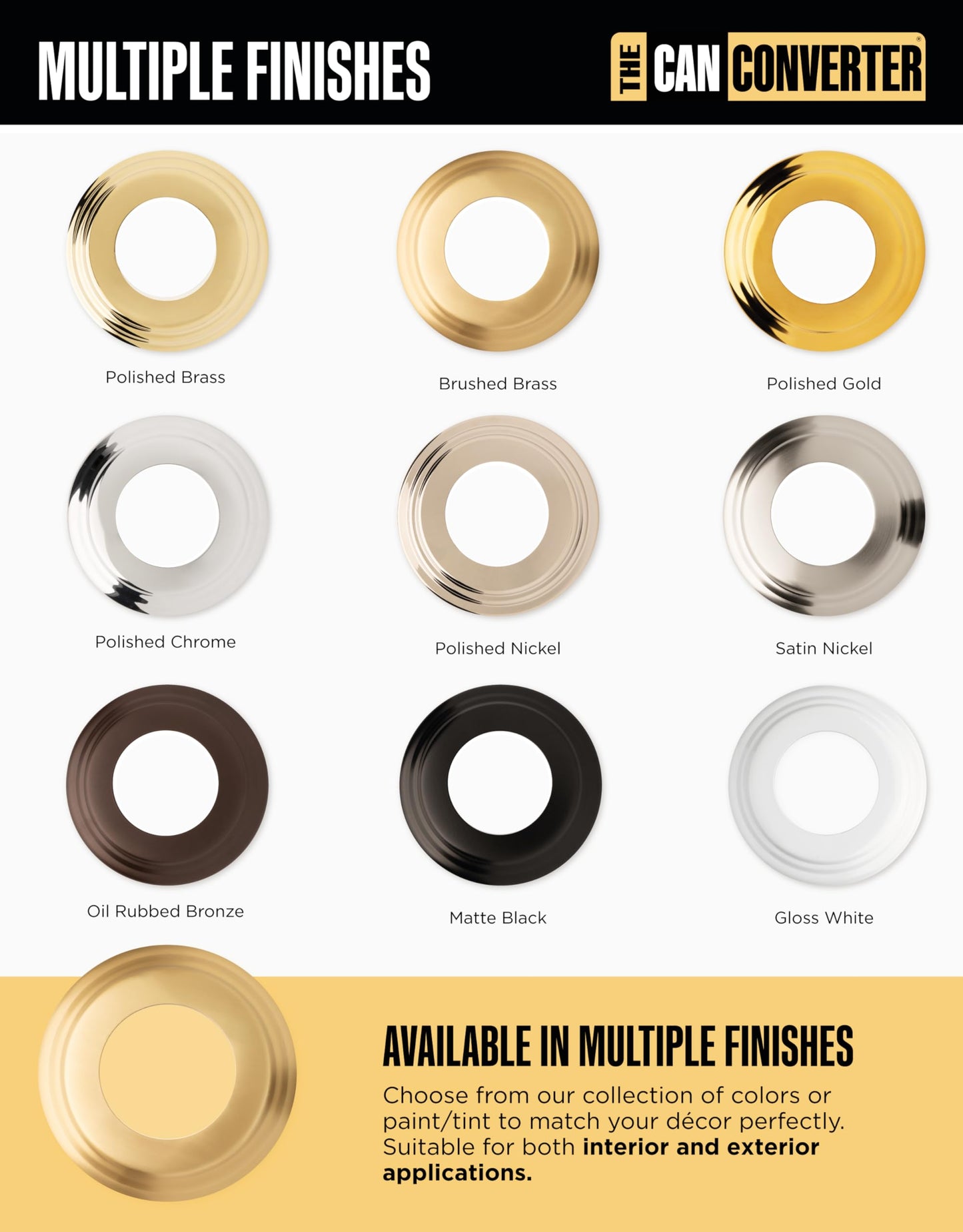 Can Converter Ceiling Medallion for 5"-6" Recessed Lights – Decorative Steel Beveled Goof Ring & Cover Plate, Brushed Brass