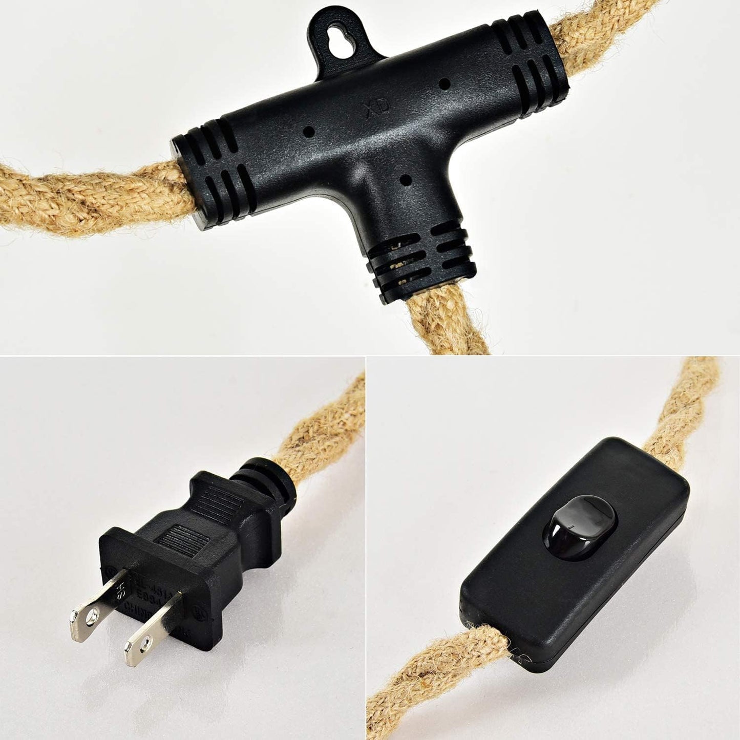 CAFULAM 3 Light Hemp Rope Plug in Pendant Light Rattan Hanging Lights with Plug in Cord with Woven Lamp Shade, Plug in Cord Hemp Rope Hanging Lamp