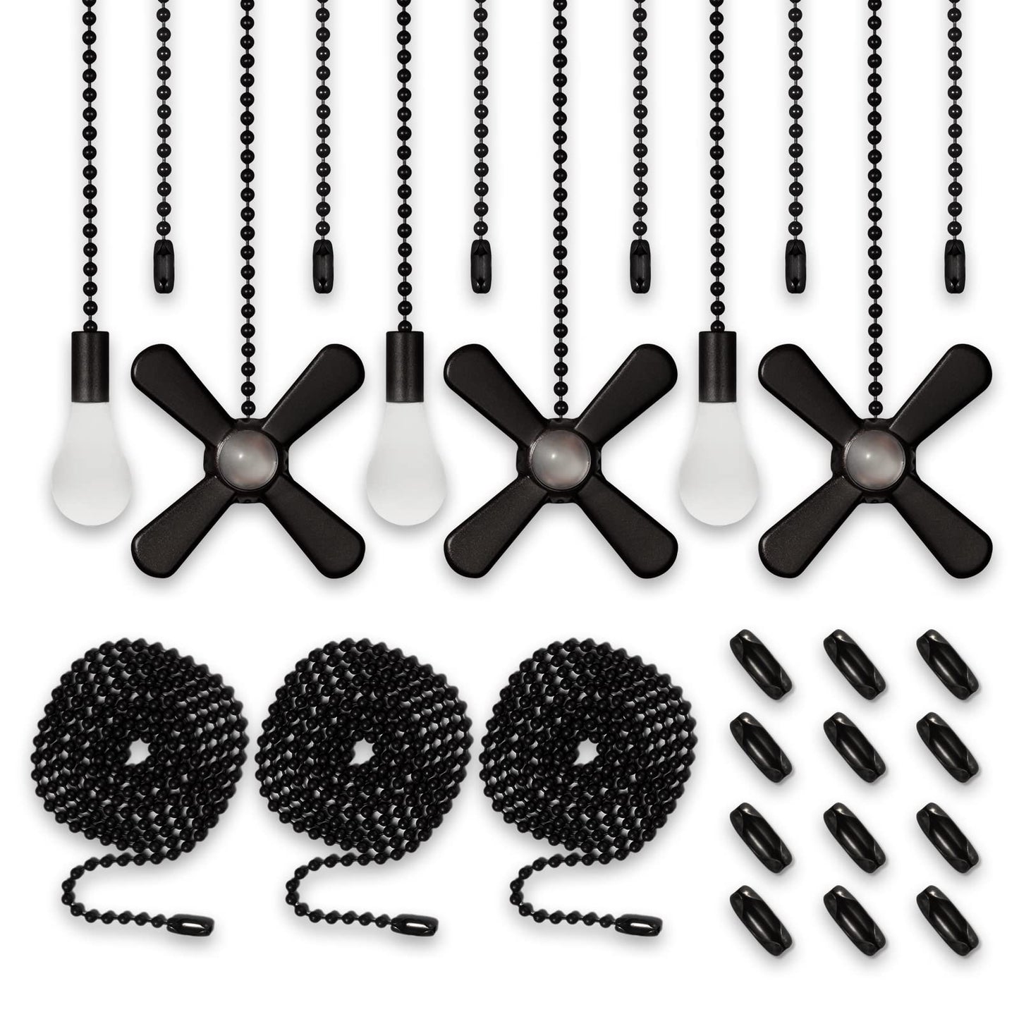ELFCAB 6-Piece Ceiling Fan Pull Chain Set with 3mm Beaded Balls, 12 Pull Loop Connectors & 3 Extended 36" Chains, Matte Black