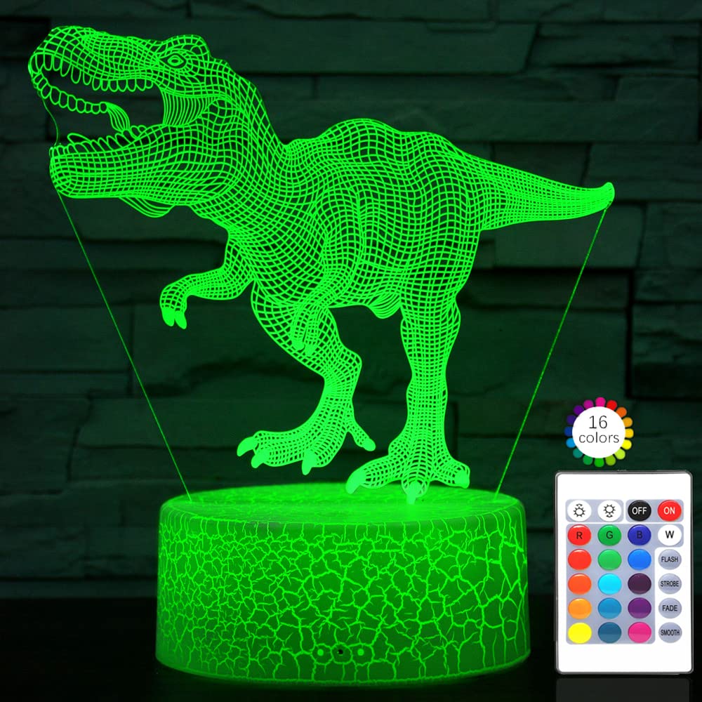 i-CHONY Dinosaur 3D Night Light T-Rex for Kids, 16-Color Dimmable LED Lamp with Remote, Touch Control & USB, Gift for Boys Girls