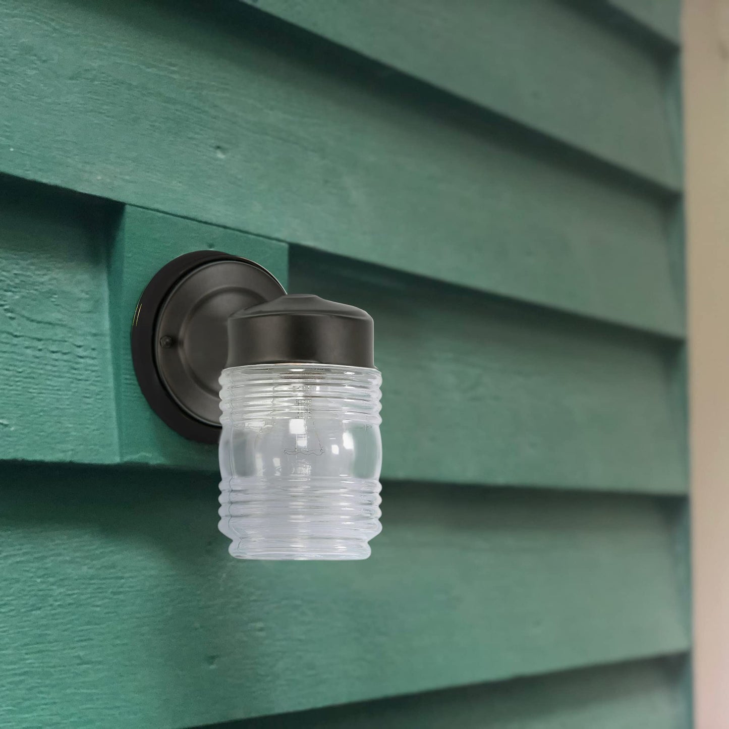 Design House Matte Black Outdoor Wall Light, Jelly Jar Clear Ribbed Glass, Dimmable, Wet Rated, LED-Compatible, 5.25"x7.5"