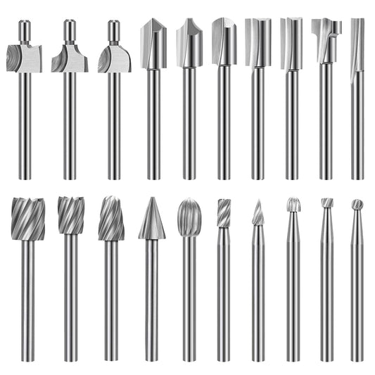 20pcs HSS Wood Carving & Engraving Router Bits Set, 1/8" Shank Rotary Burrs for DIY Woodworking, Carving, Drilling, Trimming
