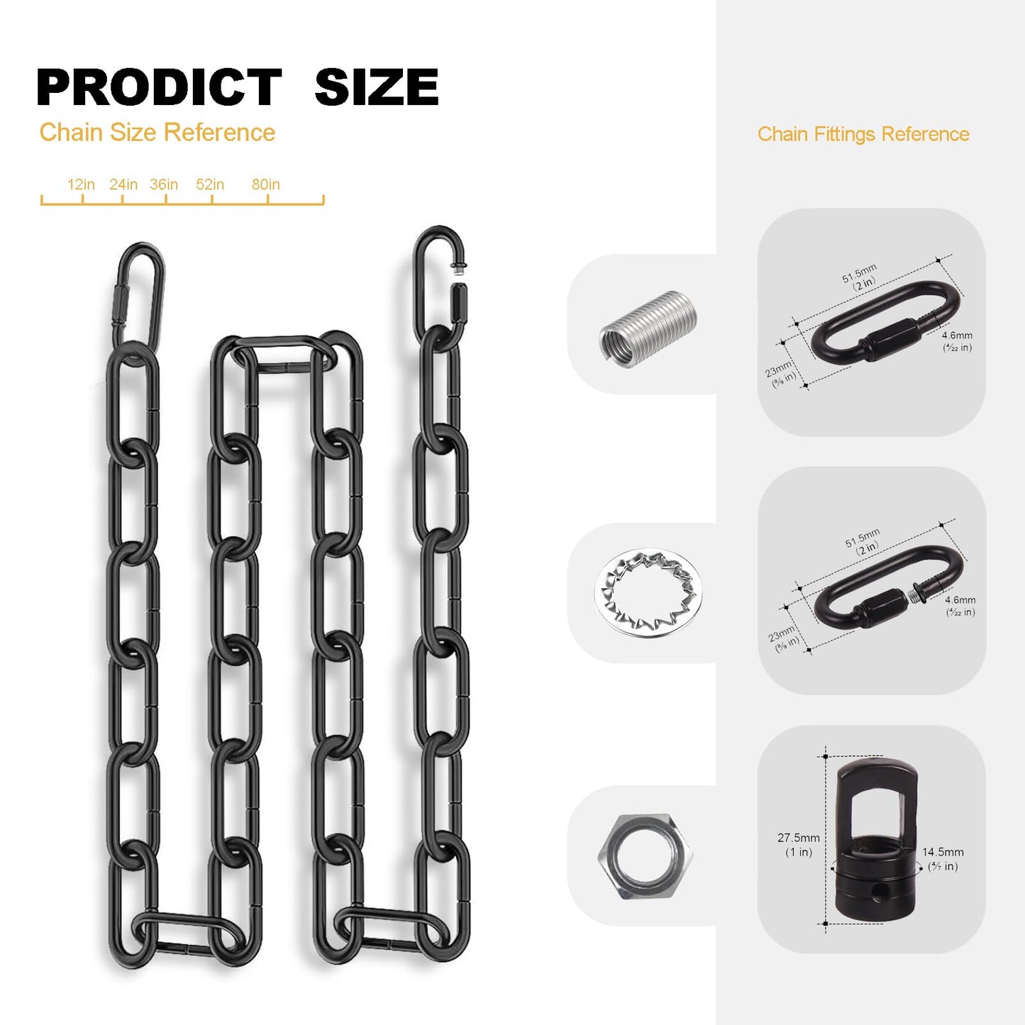 Arncmiv Pendant Light Fixture Chain,Heavy Duty Chain for Light Fixture,Black Ceiling Light Fixture Extra Lighting Chains (Black,12 inch)