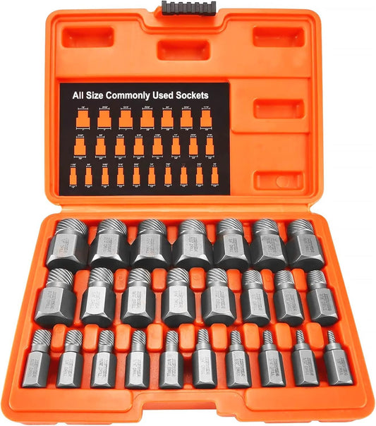 XEWEA 25-Piece Screw Extractor Set, Hex & Multi-Spline EZ Out Bolt Remover, Heavy Duty Chrome Moly Steel, Rounded Screw Tool Gift
