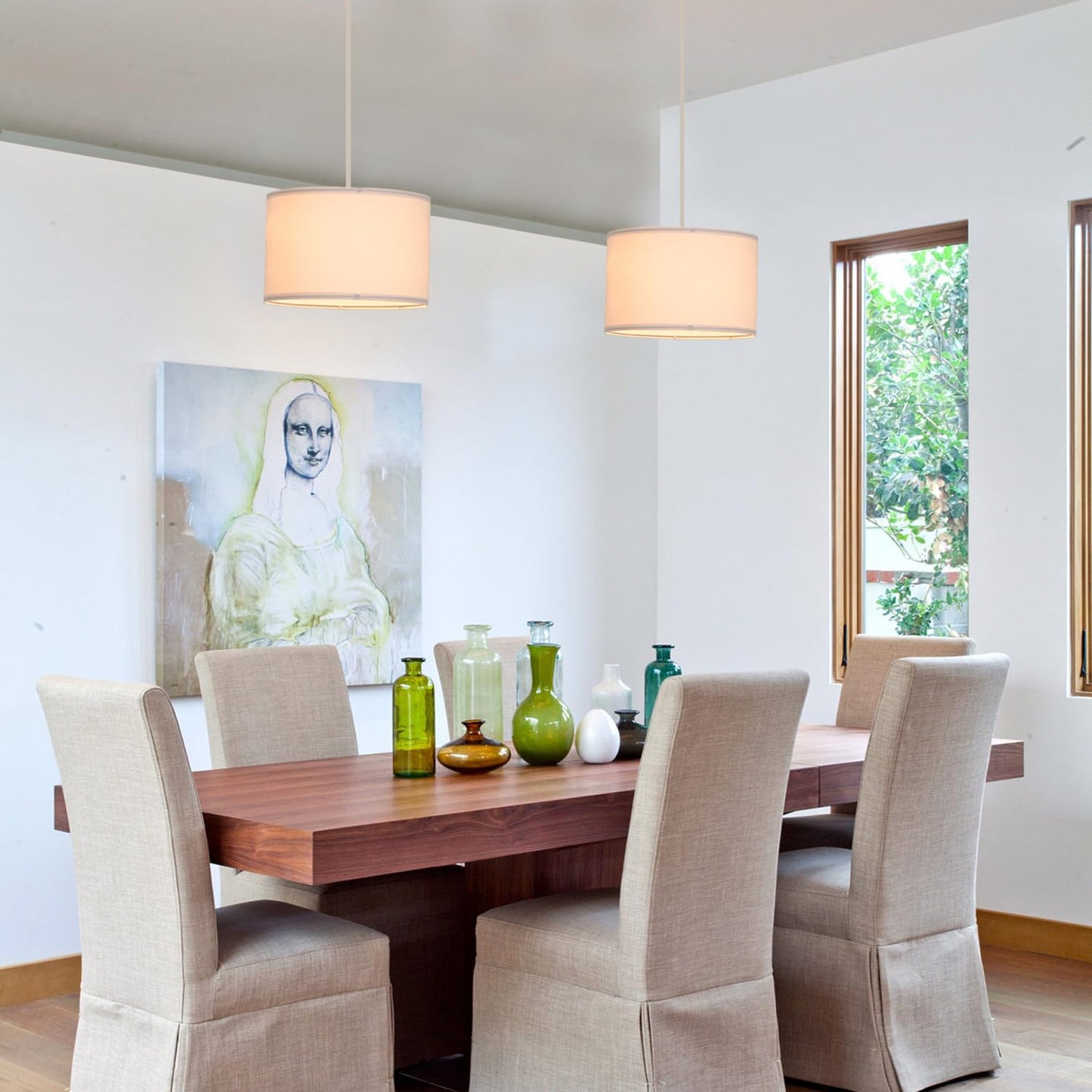 **IHENGYANLT 2-Pack Plug-In Pendant Light with 15ft Clear Cord, On/Off Switch, White Fabric Shade for Bedroom & Kitchen**