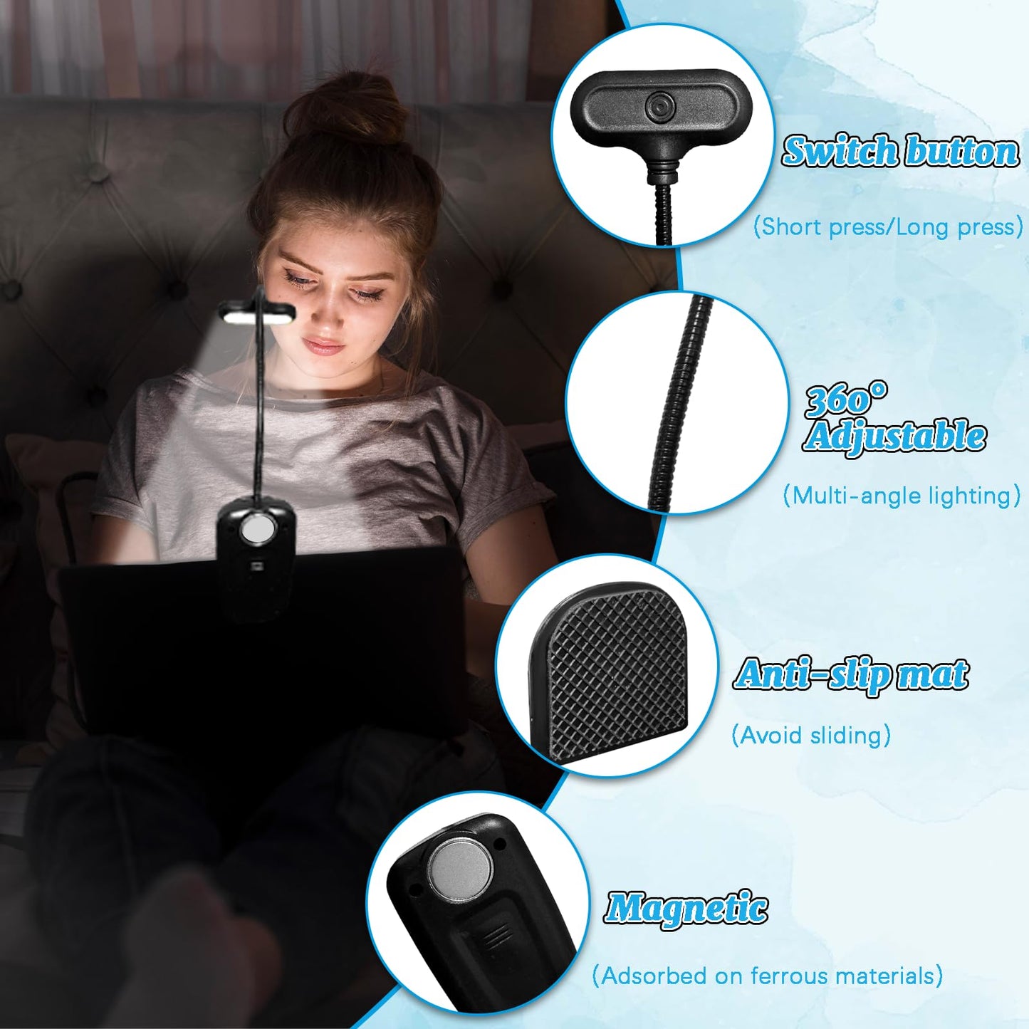 Rechargeable Clip-On Book Light for Reading in Bed, 3 Color Temperatures, Stepless Dimming, 360° Rotatable with Magnetic Base