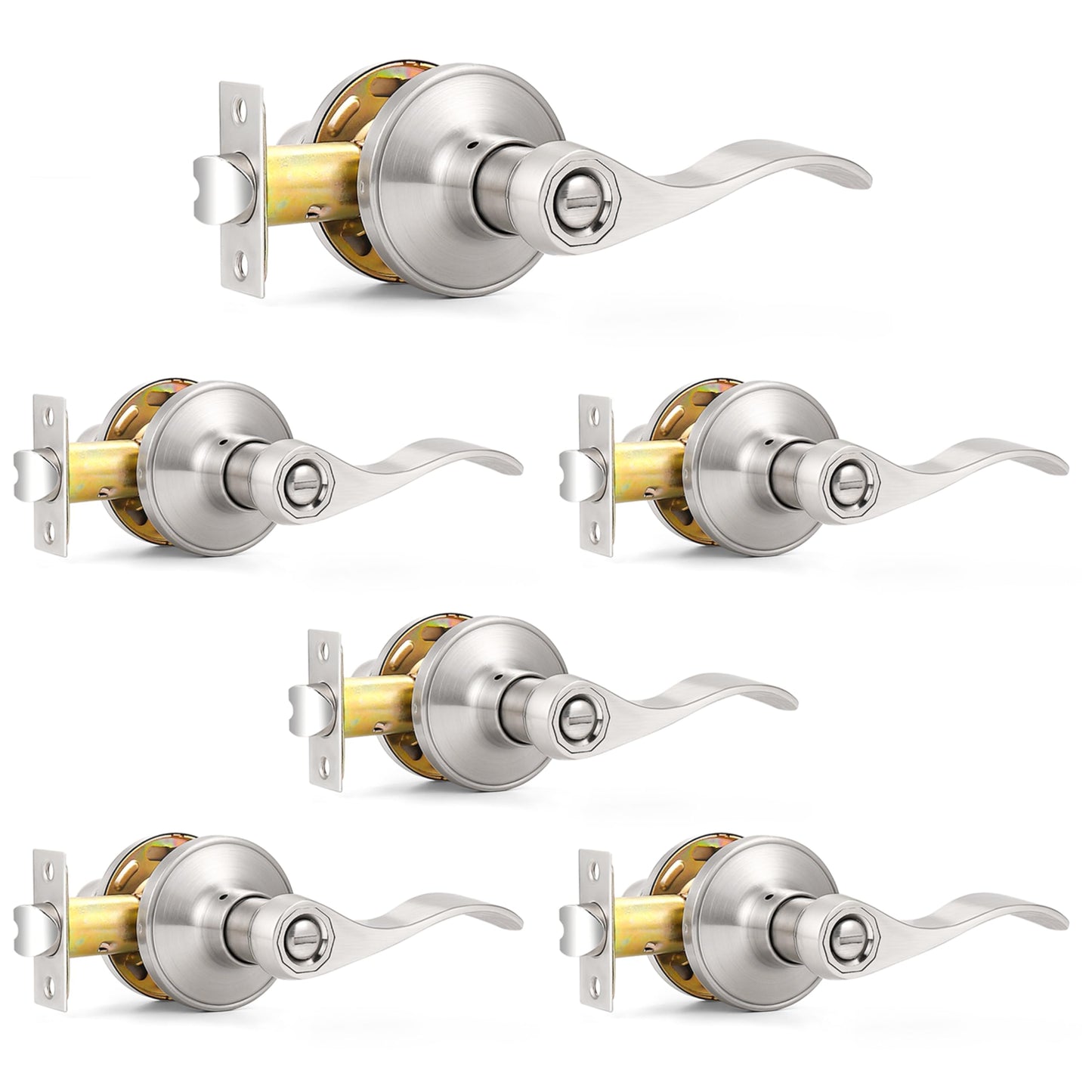Probrico Privacy Door Levers Interior Door Handles Levers, Wave Style Bed Bath Door Handles Lock Keyless, Satin Nickel Door Lever Lockset 6 Pack