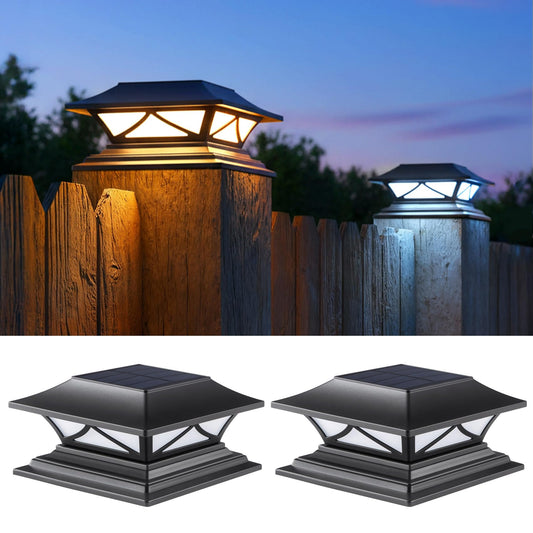 PASAMIC Solar Post Cap Lights, 2-Pack – Waterproof Fence & Deck Lights for 4x4/5x5/6x6 Posts, Dual Color Modes
