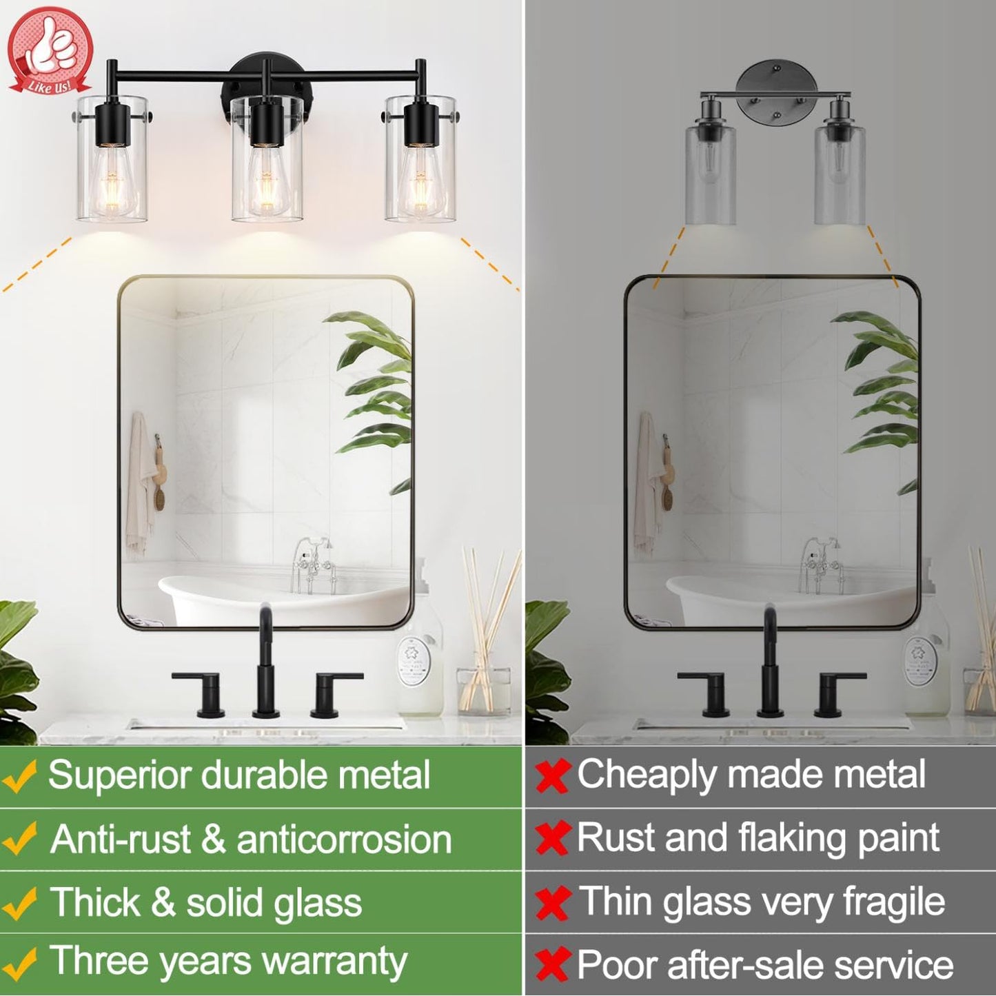 Indoi 3-Light Matte Black Bathroom Vanity Light, Clear Glass Shades, Wall Sconce for Mirror, Bedroom, Hallway & Living Room