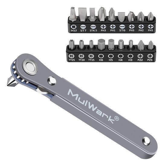 MULWARK 20pc 1/4" Mini Ratchet Wrench Set – Ultra Low Profile, Right Angle EDC Screwdriver with Reversible Handle & Multi Hex Bits