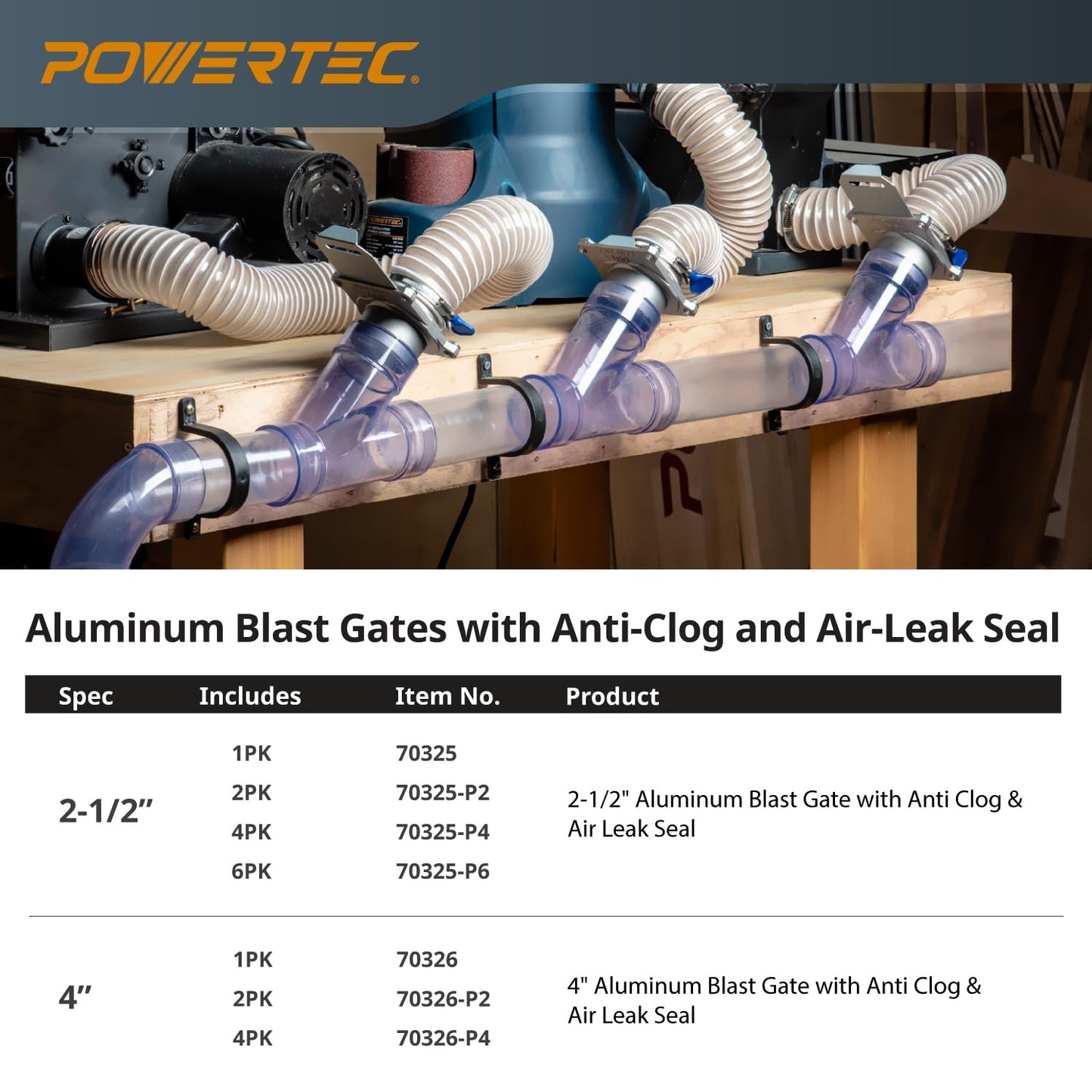 POWERTEC 70326-P2 Blast Gate 4 Inch, w/Anti Clog and Air Leak Seal for Dust Collection, 2 PK