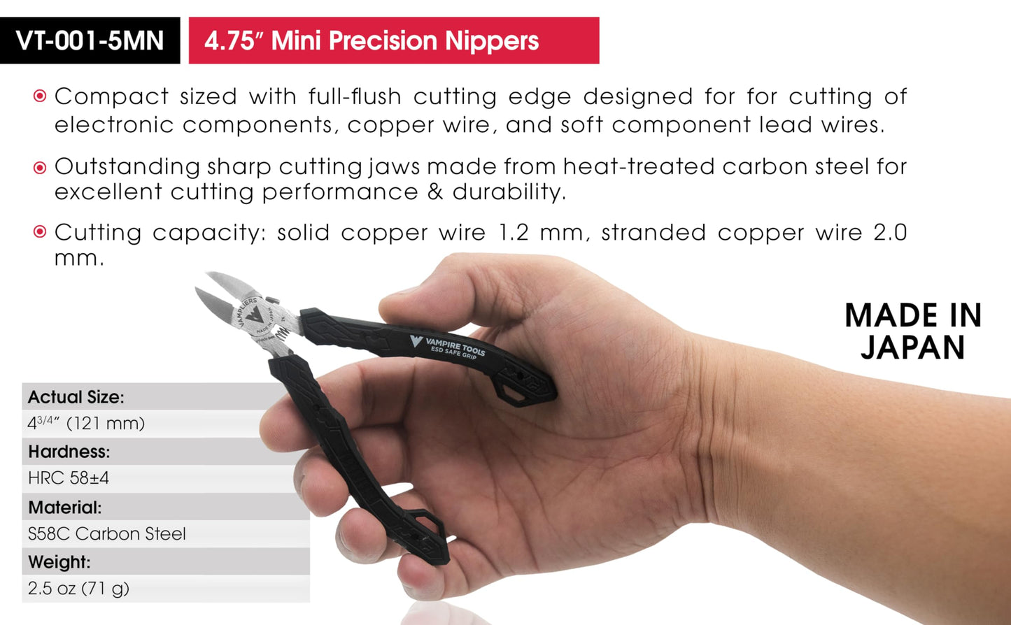 VAMPLIERS 4.75" Precision Flush Cutters, Made in Japan, Professional Mini Side Cutting Pliers for Circuit Board, Wire Cutting & Electronics Repair