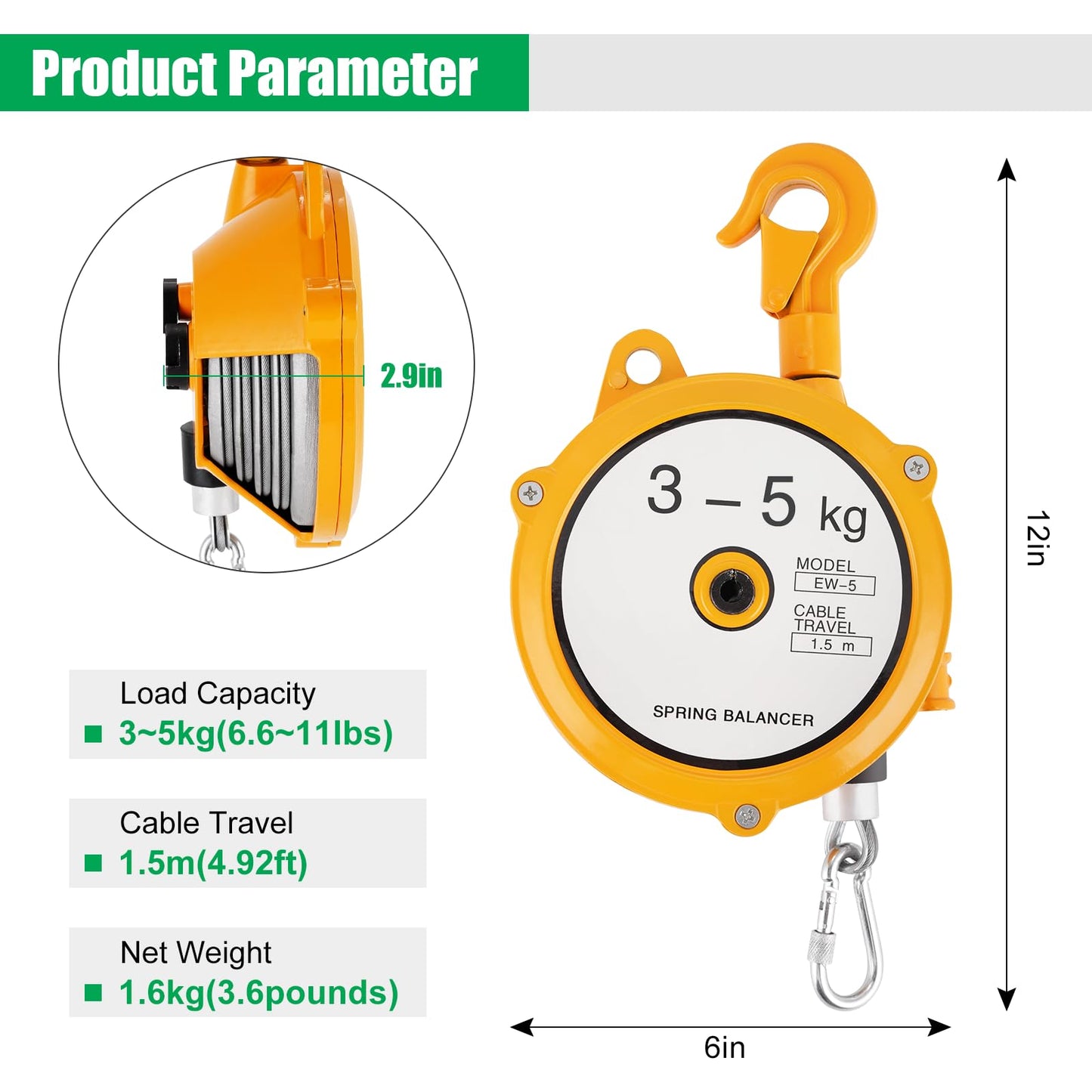 YJINGRUI Retractable Spring Balancer 3~5kg(6.6~11lbs) Hanging Tool Spring Balancer Balancer Retractor 1.5m Wire Rope Hanging Holding Equipment
