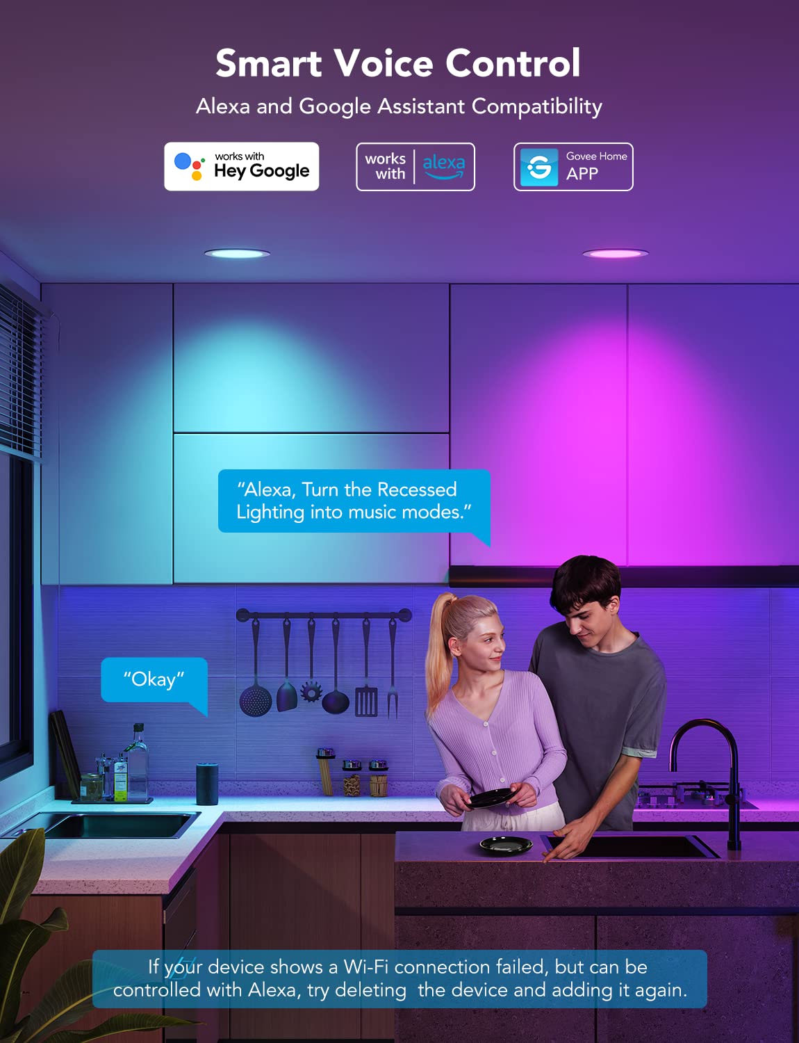 Govee 6" Smart RGBWW LED Recessed Lights 4-Pack, Wi-Fi & Bluetooth, 65 Scenes, Alexa & Google Compatible, 1100 Lumen, Canless