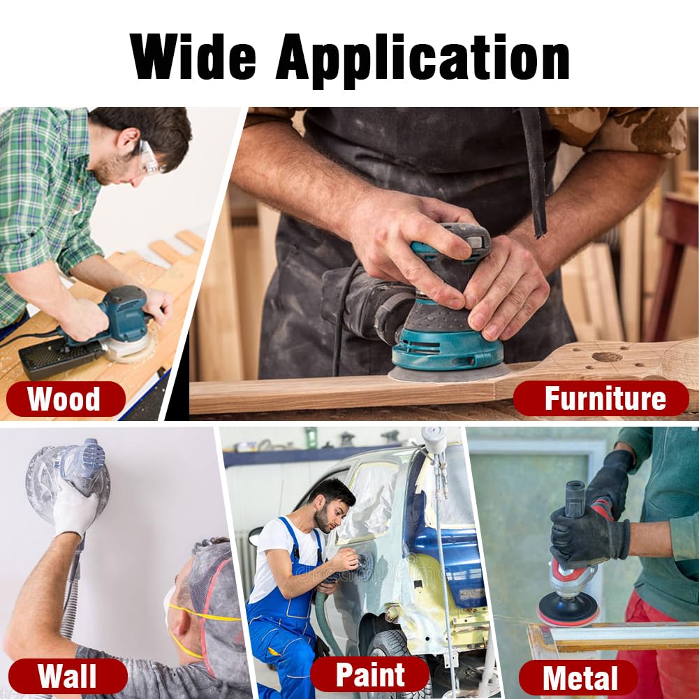 52 Pack 5 Inch 8-Hole Hook and Loop Sanding Discs Sandpaper Red Round 60 80 120 220 320 Mixed Grits Sandpaper for Random Orbital Sander