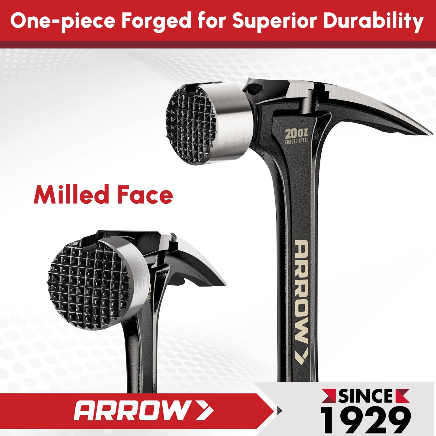 ARROW 20oz Straight Claw Hammer with Magnetic Nail Holder, Side Nail Puller, Milled Face & Shock-Absorbing Grip, Heavy-Duty Forged