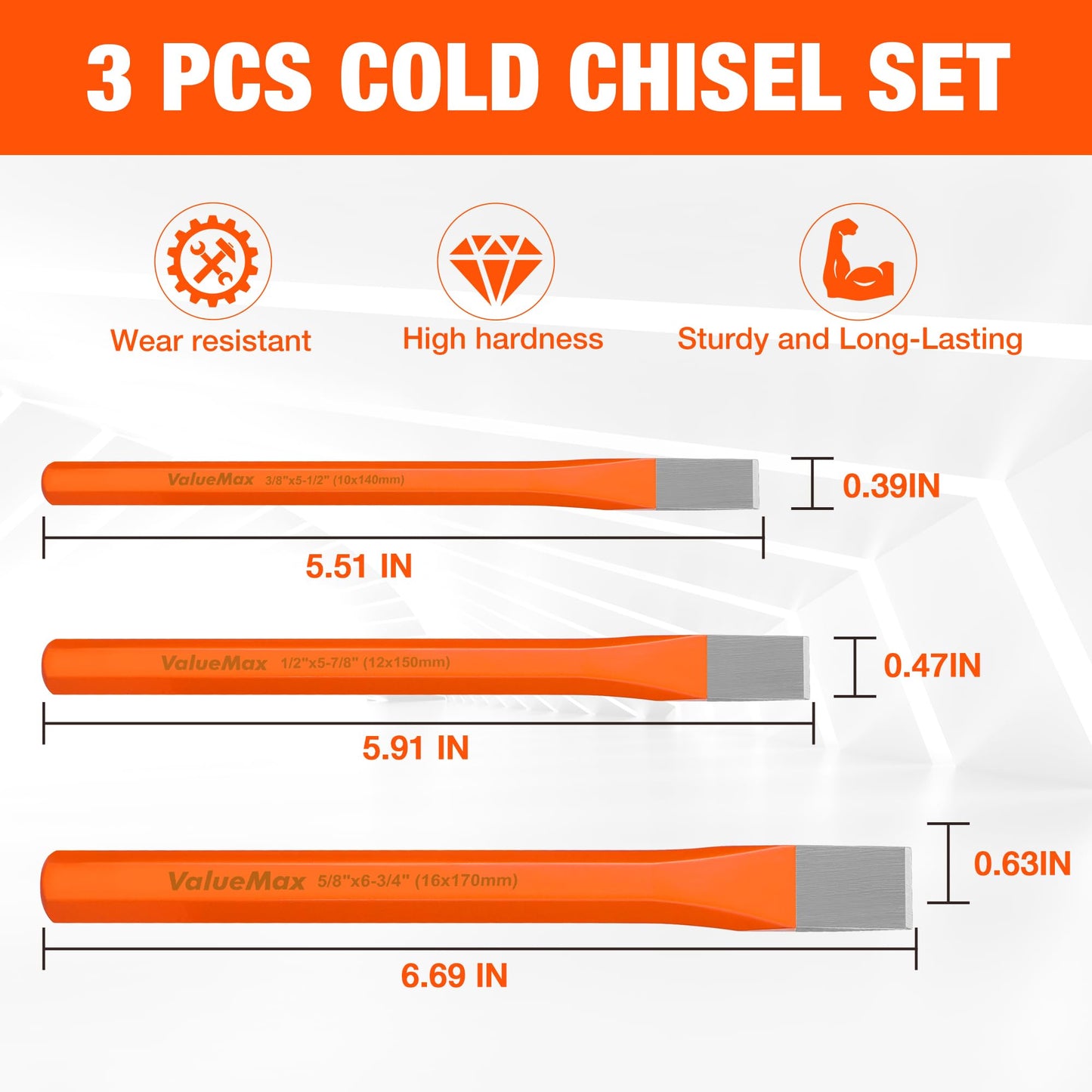 ValueMax 3-Piece Heavy Duty Cold Chisel Set, 3/8", 1/2" & 5/8", Cr-V Steel for Carpentry, Metalwork, Woodwork & Masonry