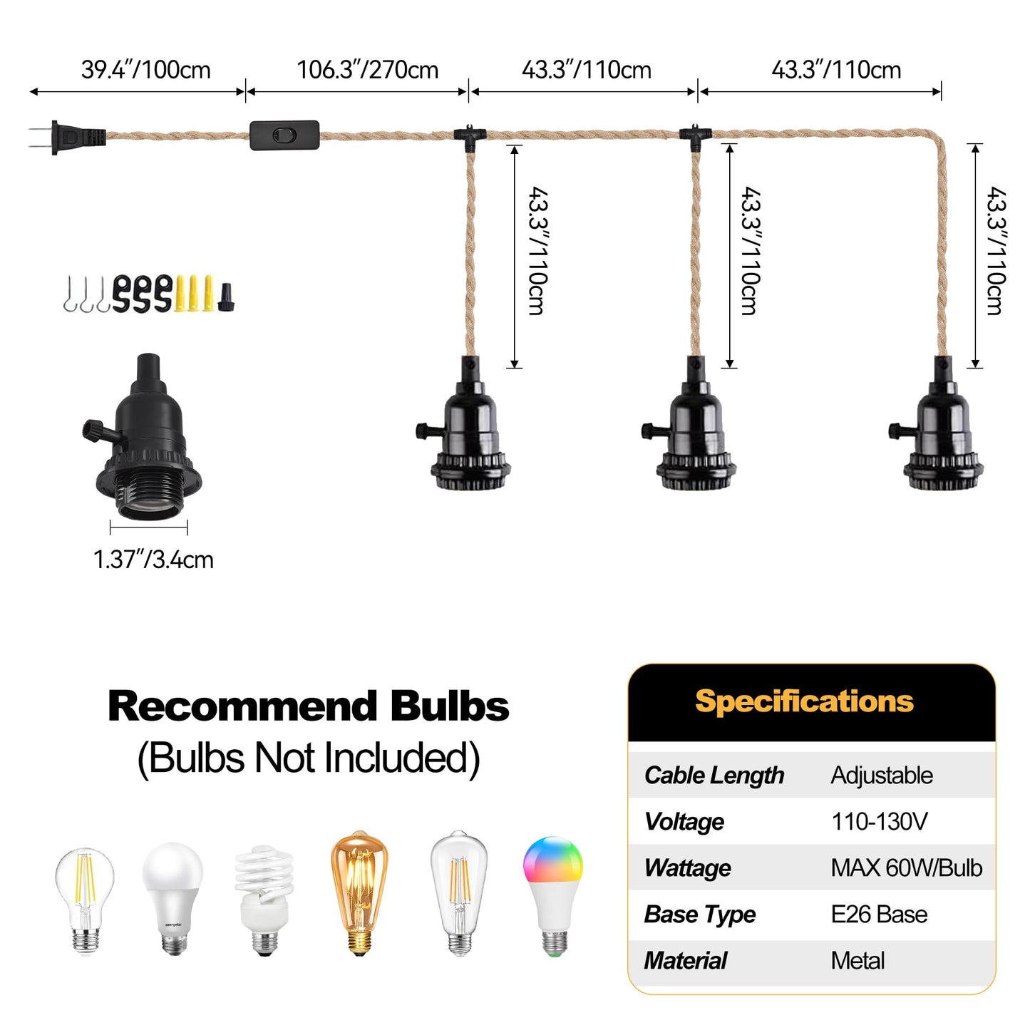 CAFULAM 3 Light Hemp Rope Plug in Pendant Light Rattan Hanging Lights with Plug in Cord with Woven Lamp Shade, Plug in Cord Hemp Rope Hanging Lamp