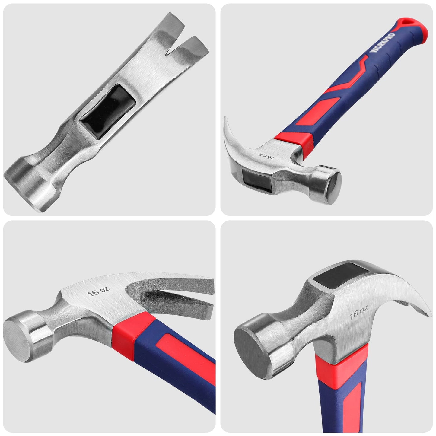 WORKPRO 2-Piece Claw Hammer Set, 8 oz Mini Stubby & 16 oz Fiberglass General Purpose, Soft Nonslip Handle & Heat Treated Head