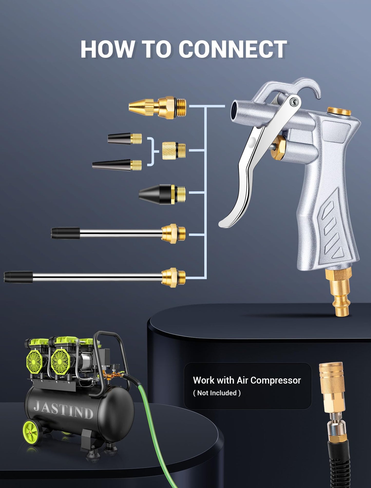 JASTIND Industrial Air Blow Gun with Brass Adjustable Nozzle & 2 Steel Extensions, Pneumatic Compressor Tool for Dust Cleaning