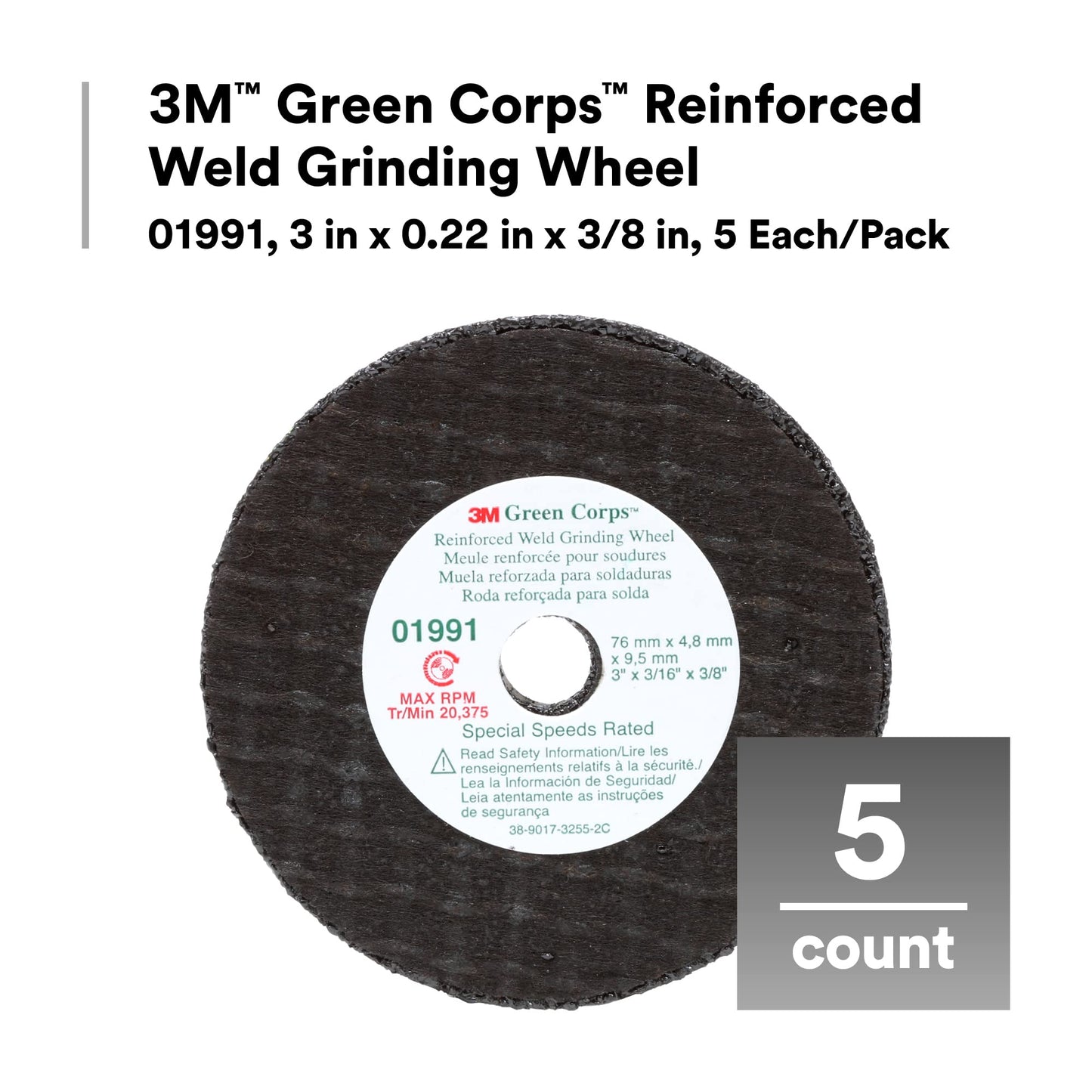 3M Green Corps Reinforced Weld Grinding Wheel 01991, 3 in, .22" x 3/8" 5 Pack Heavy Duty, Resin Bonded, Long Lasting Wheel for Fast Cut, Auto Body