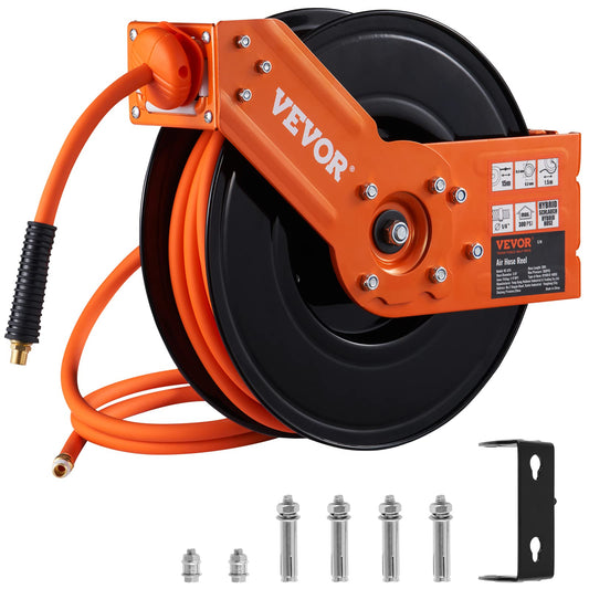 VEVOR 50FT Retractable Air Hose Reel, 3/8" Hybrid Hose, 300PSI, Ceiling/Wall Mount, Heavy Duty Steel Single Arm with 5FT Lead-In