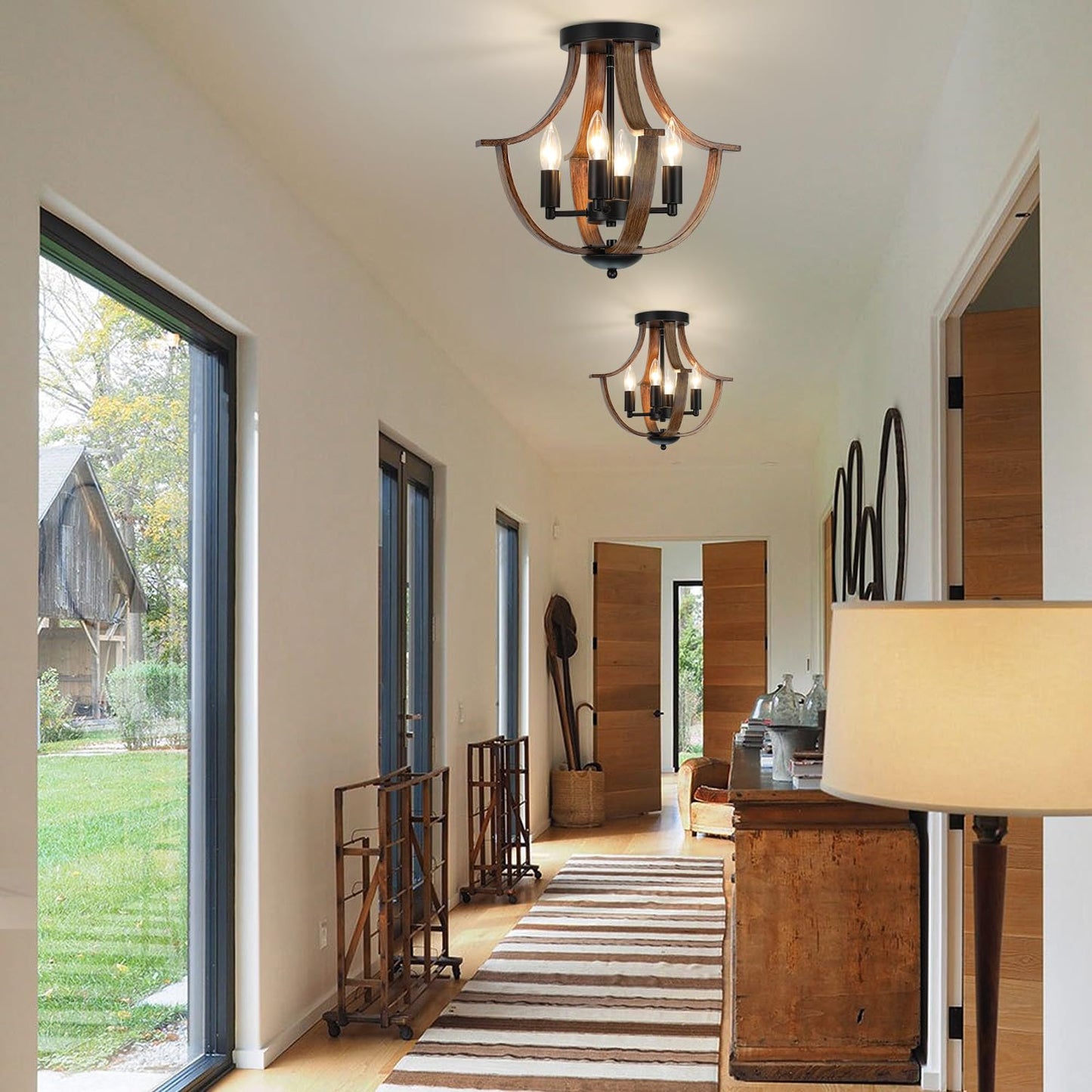 LAMPKEDUO Farmhouse Pendant Light, 4-Light Rustic Flush Mount Ceiling Fixture, Faux Wood Vintage Chandelier for Dining Room Kitchen