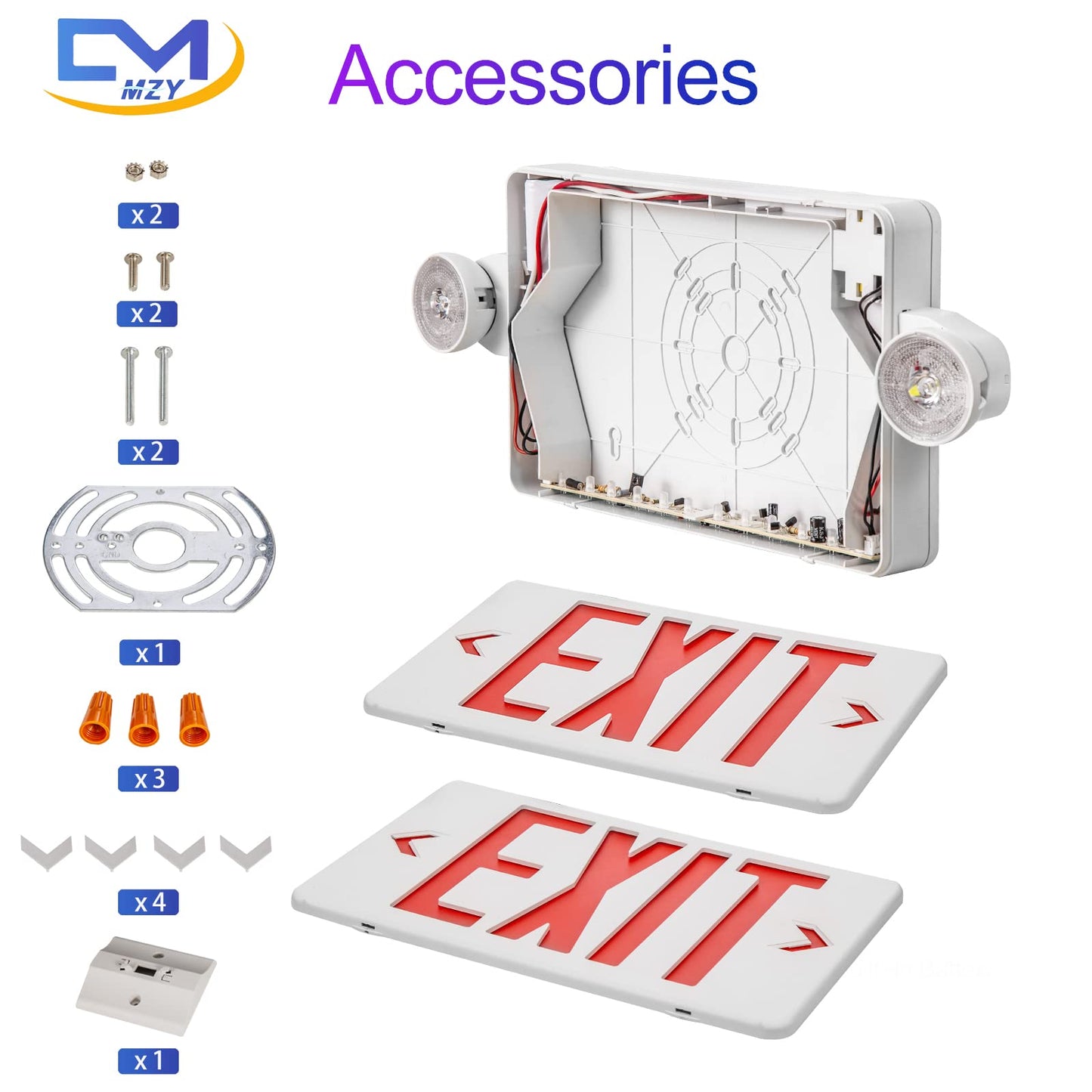 CM MZY LED Exit Sign with Emergency Lights, Red Letter, Battery Backup, 2 Adjustable Heads, AC 120V/277V, UL Certified, 1 Pack