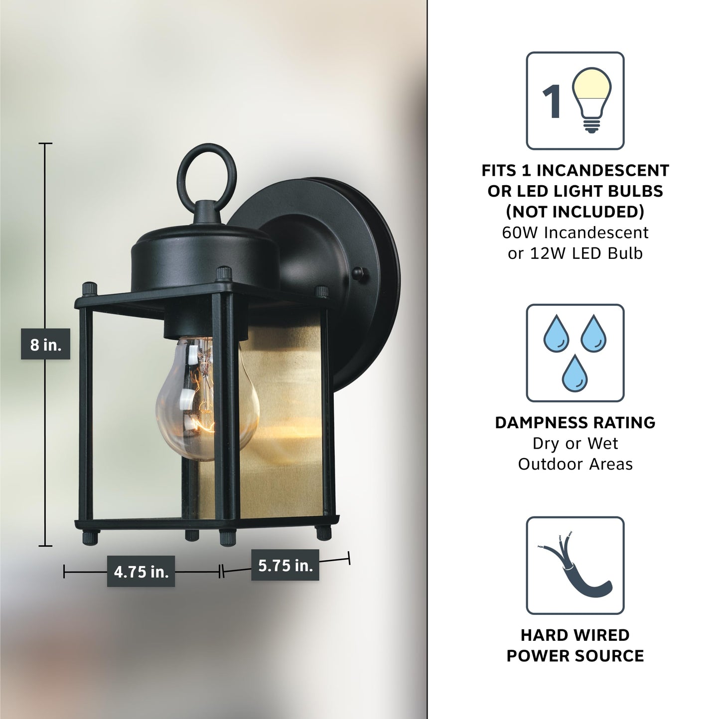 DESIGNERS FOUNTAIN Preston Outdoor Light Fixture, 8 Inch Exterior Wall Lantern Sconce for Front Door, Patio and Porch, Black, 1161-BK