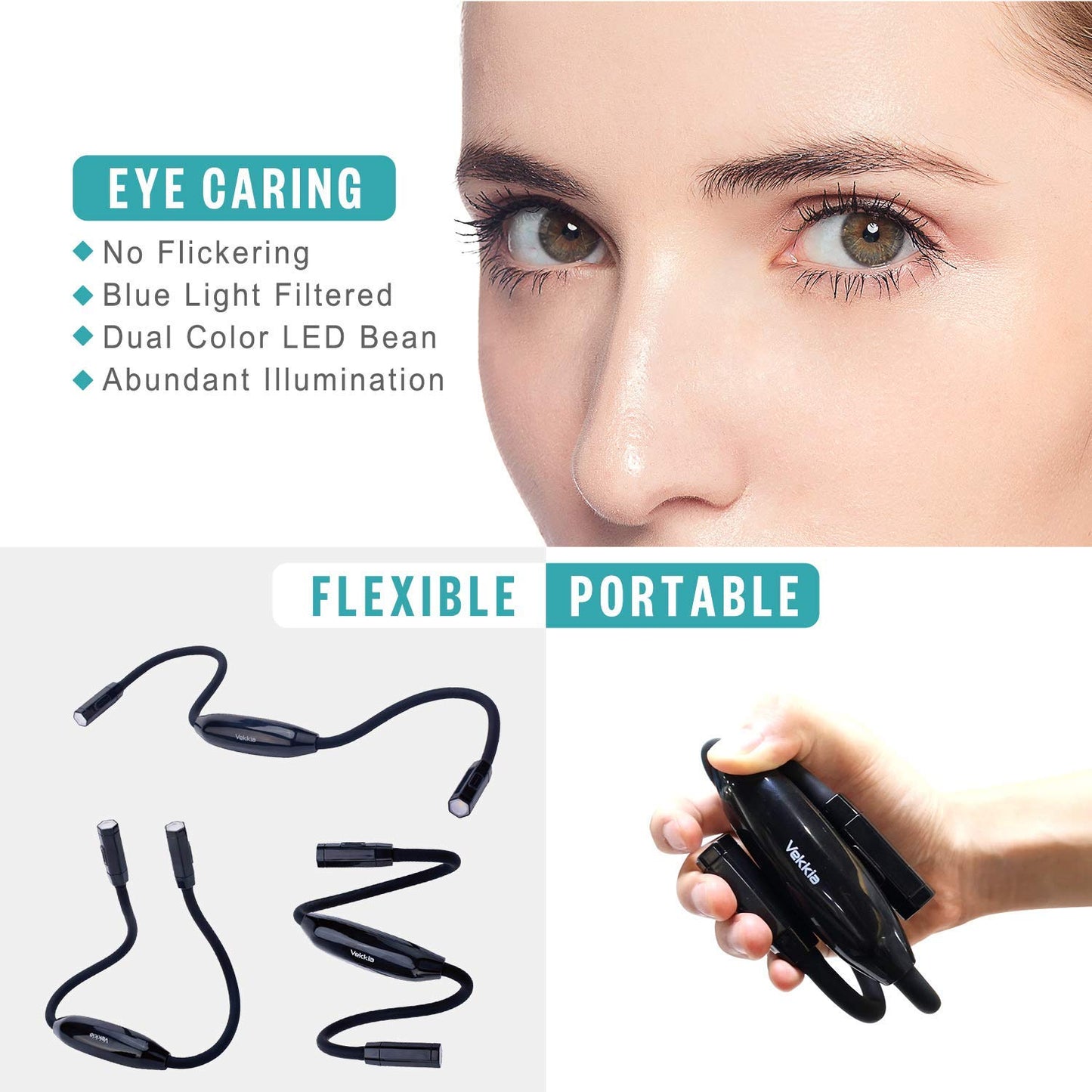 Vekkia Lightweight Neck Reading Light, 3 Colors & 9 Brightness Levels, Rechargeable Hands-Free Lamp for Bed, Crafts & Hobbies