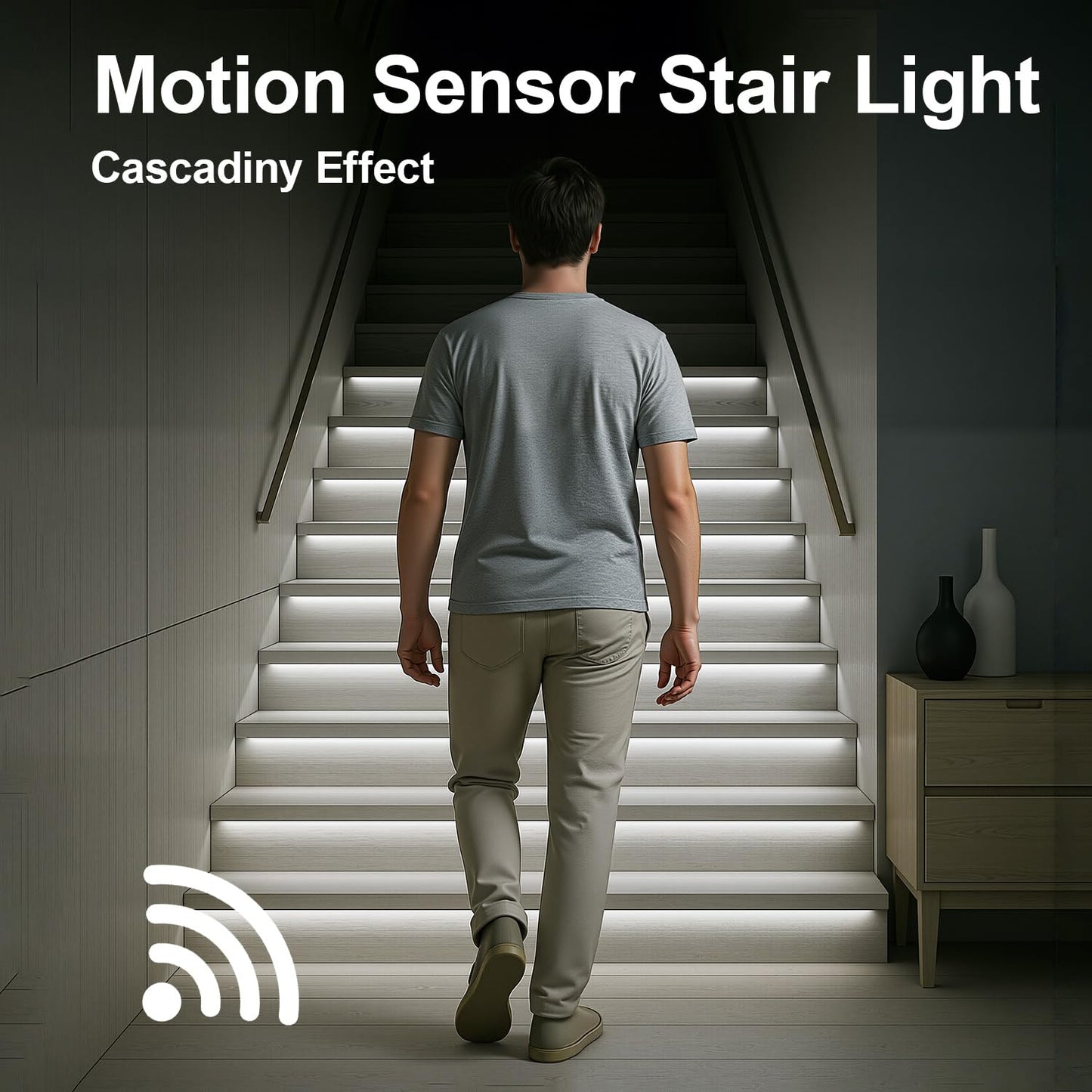 **BlueDate Motion Sensor LED Stair Lighting Kit, 60" Cuttable Strip Lights for Indoor Stairs, Cool White 6000K, 10–15 Steps**