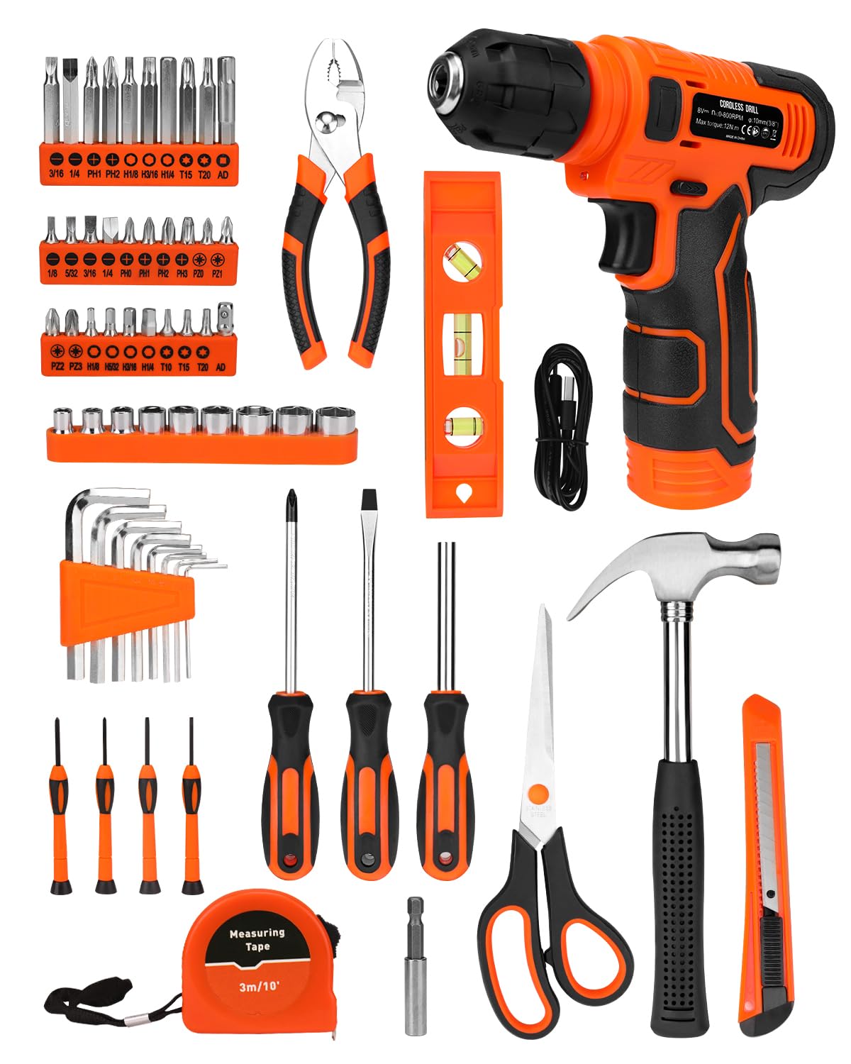 139-Piece Tool Set with 8V Cordless Drill Driver, Toolbox Storage Case, DIY & Home Repair Handyman Kit