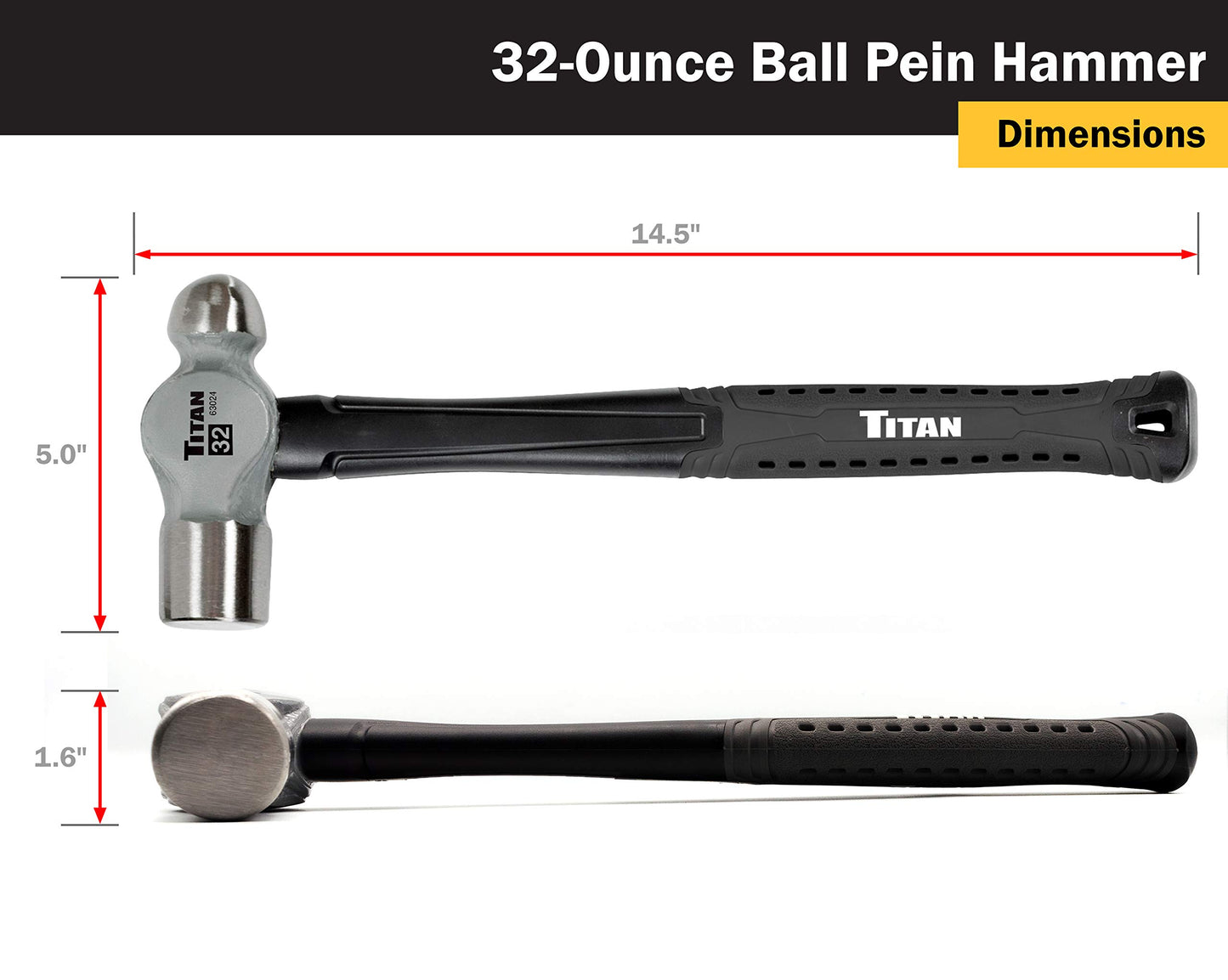 Titan 63024 32oz Ball Pein Hammer, Forged Steel Head, 14.5" Shock Absorbing Fiberglass Handle with Textured Rubber Grip