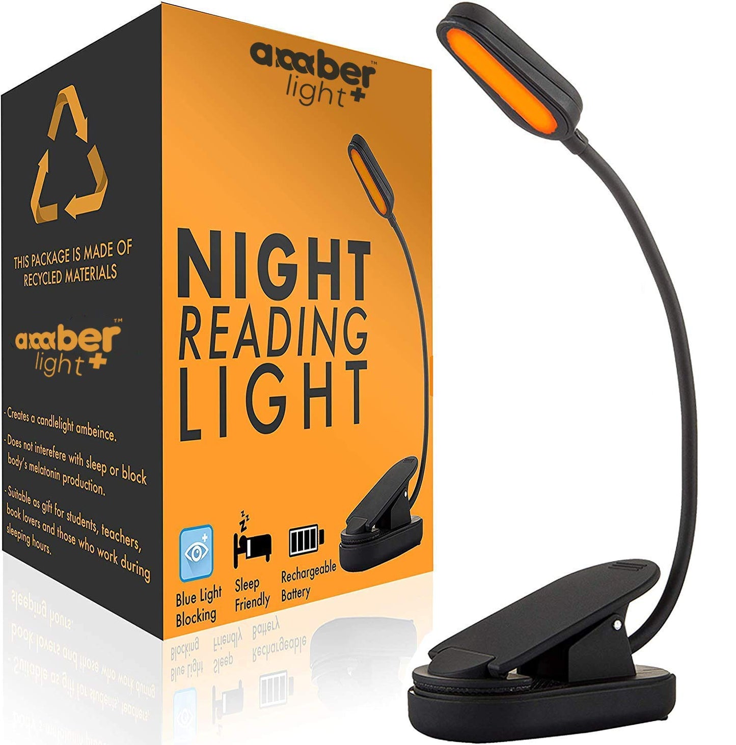Amber Light Book Light - Rechargeable, Blue Light Blocking, 1600K Warm Night Reading Lamp, Giftable for Kindle & Bedtime Reading