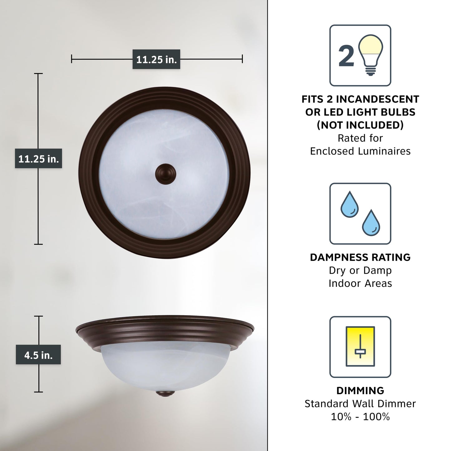 DESIGNERS FOUNTAIN Reedley 2-Light 11" Flush Mount Ceiling Light, White Alabaster Glass, Oil Rubbed Bronze for Kitchen, Bedroom, Hallway