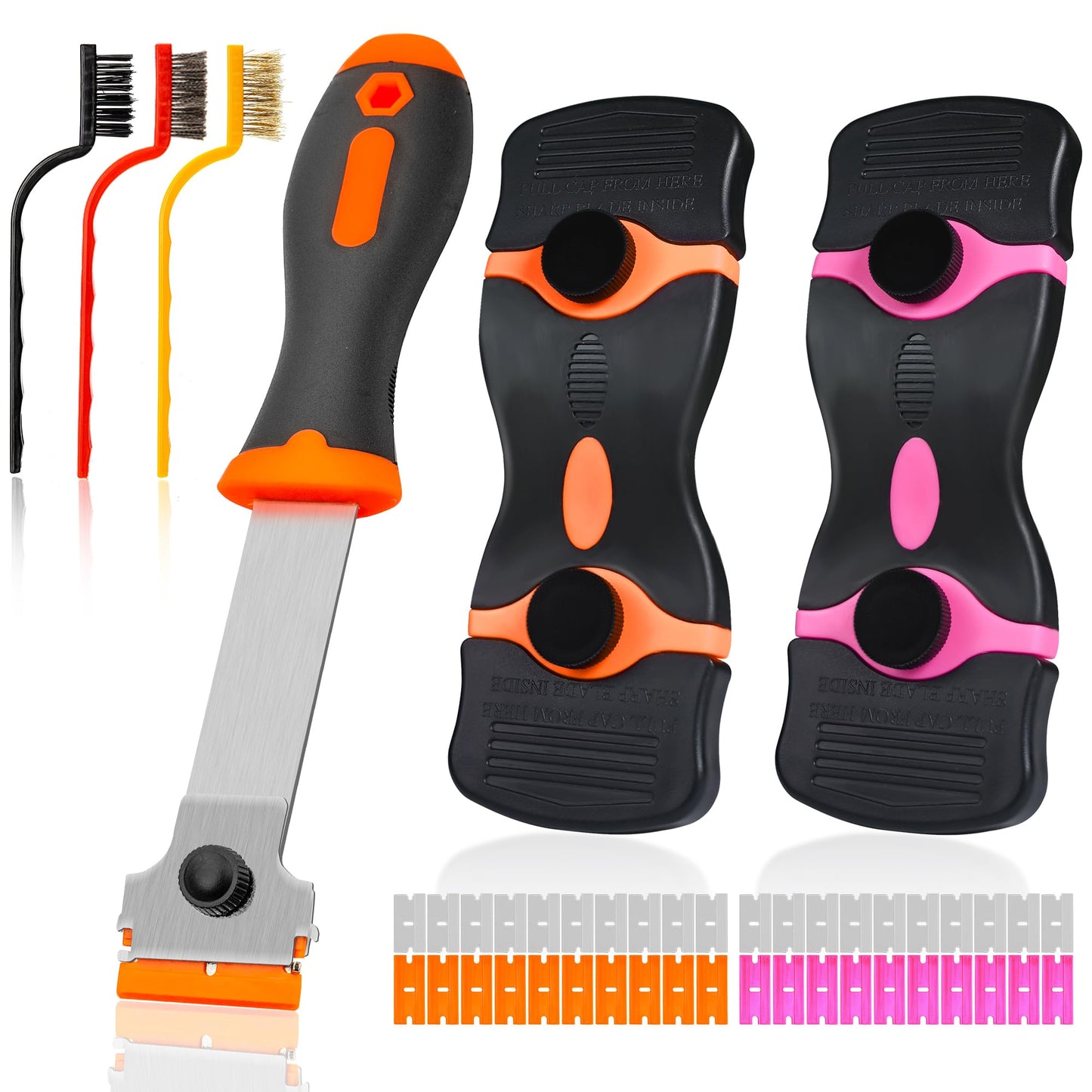 6PCS Razor Blade Scraper Set with 40 Extra Blades & 3 Wire Brushes, Glass, Paint, Sticker Scraper Tool for Windows & Stove