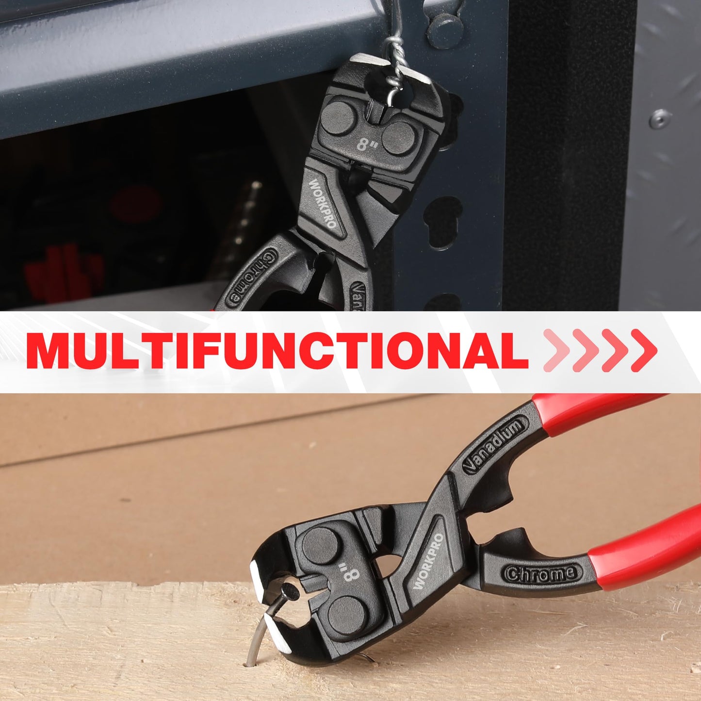 WORKPRO 8" Nail Puller Pliers, High-Leverage End Cutting with Gripping Jaws, Durable CR-V Steel, Ergonomic Handles for Nails & Wires