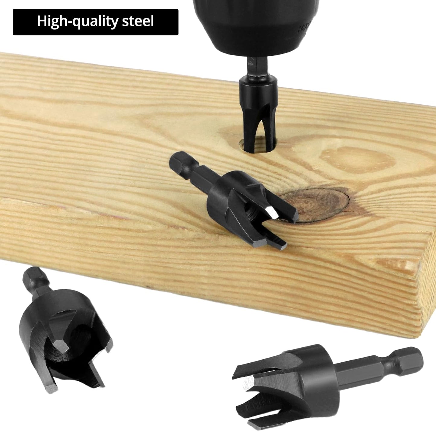 QWORK Wood Plug Cutter Drill Bit Set, 8Pcs, Includes 1/4", 5/16", 3/8", 1/2" Sizes, 1/4 Inch Hex Shank