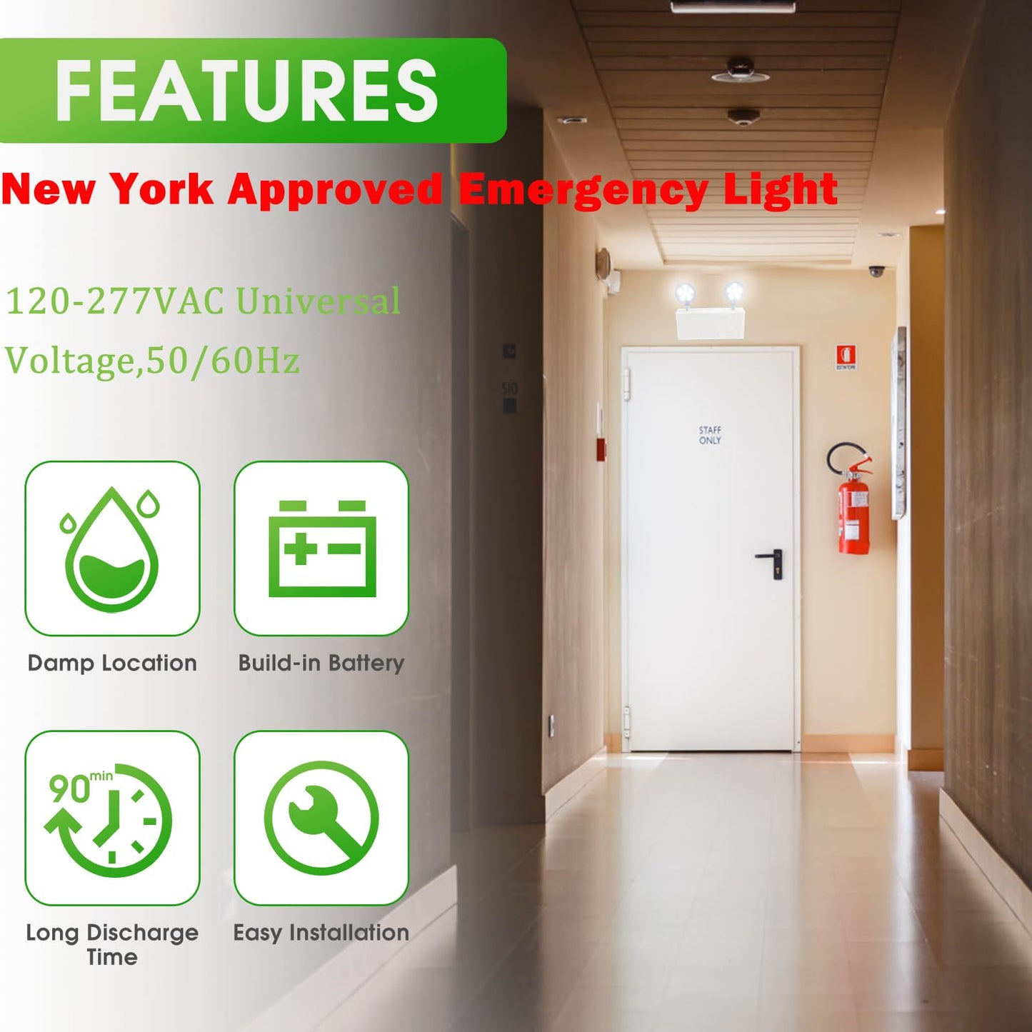 Garrini New York LED Emergency Light, 2 Adjustable Heads, White, Backup Battery, Fire Resistant, Commercial Grade, UL Certified