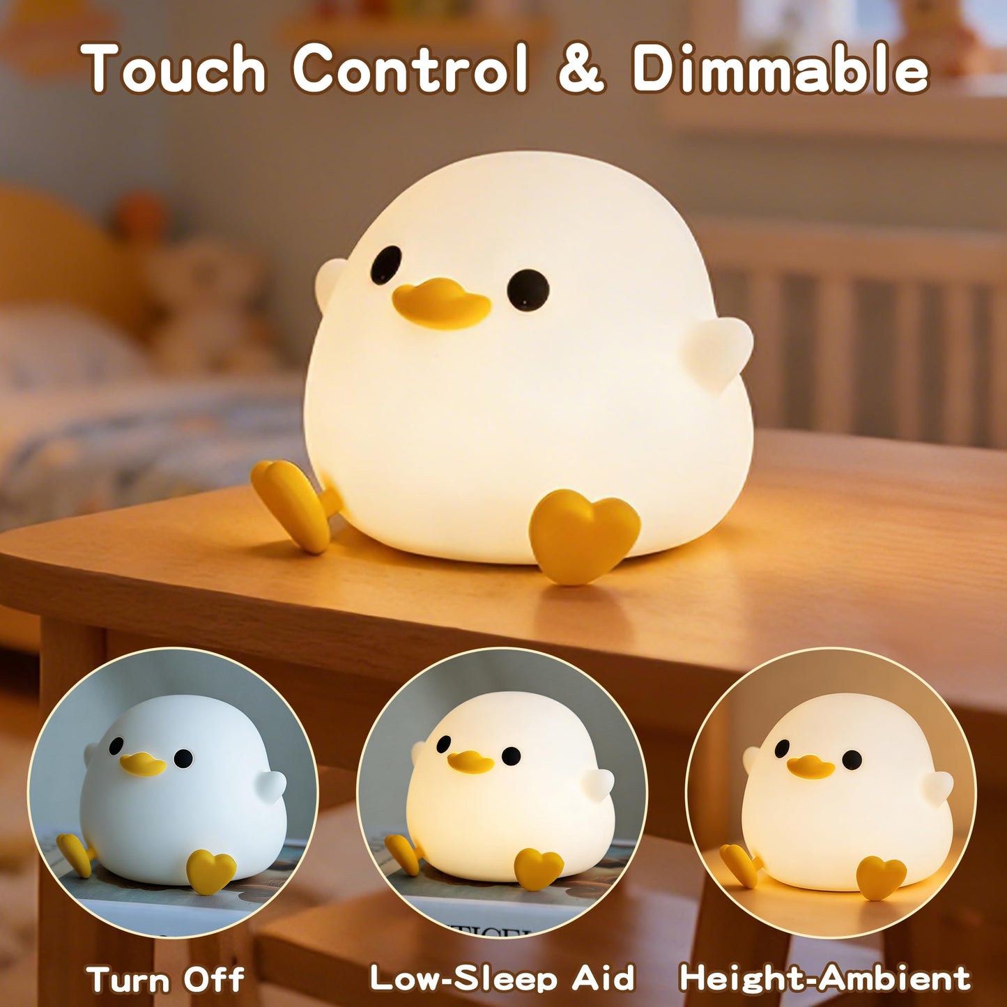 Duck Lamp Night Light, Cute DoDo Ducky LED, Dimmable Silicone Squishy Nightlight for Kids, Rechargeable Touch Bedside Lamp, Gift