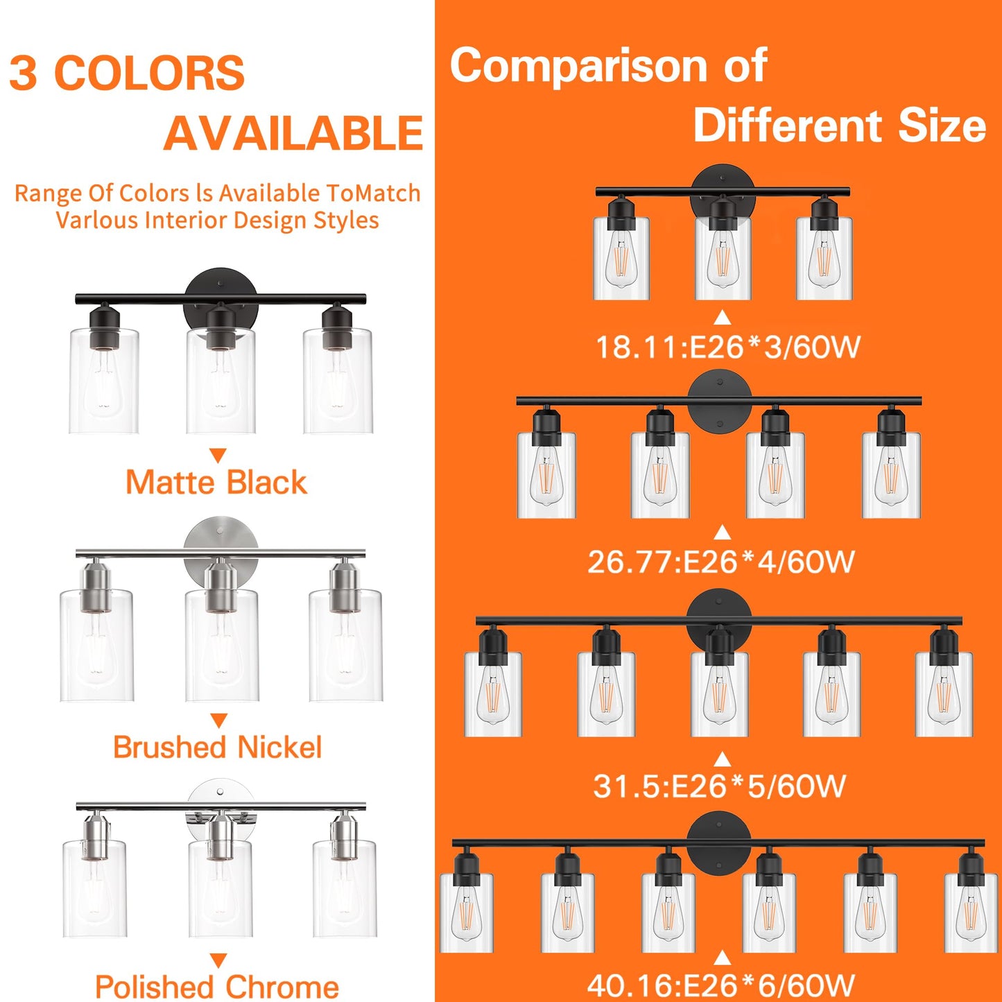 Espird Matte Black 3-Light Bathroom Vanity Fixture, Modern Over-Mirror Wall Sconce with Glass Shades, UL Certified