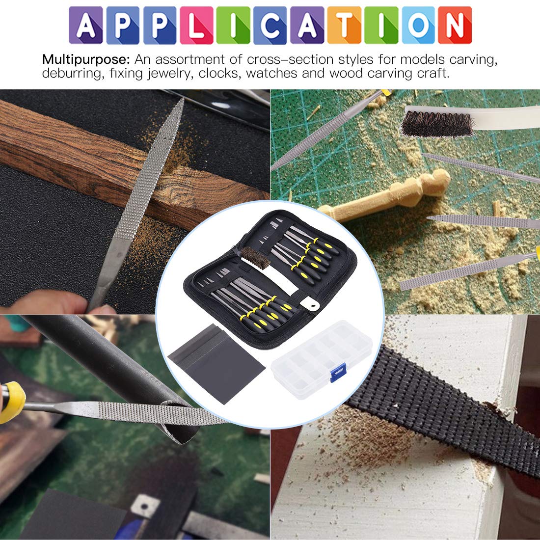 GLARKS 12pcs Mini Assorted Wood Rasp Set Include Brush and Storage Box with 4pcs Sandpaper for Fixing Jewelers Diamond Wood Carving Craft