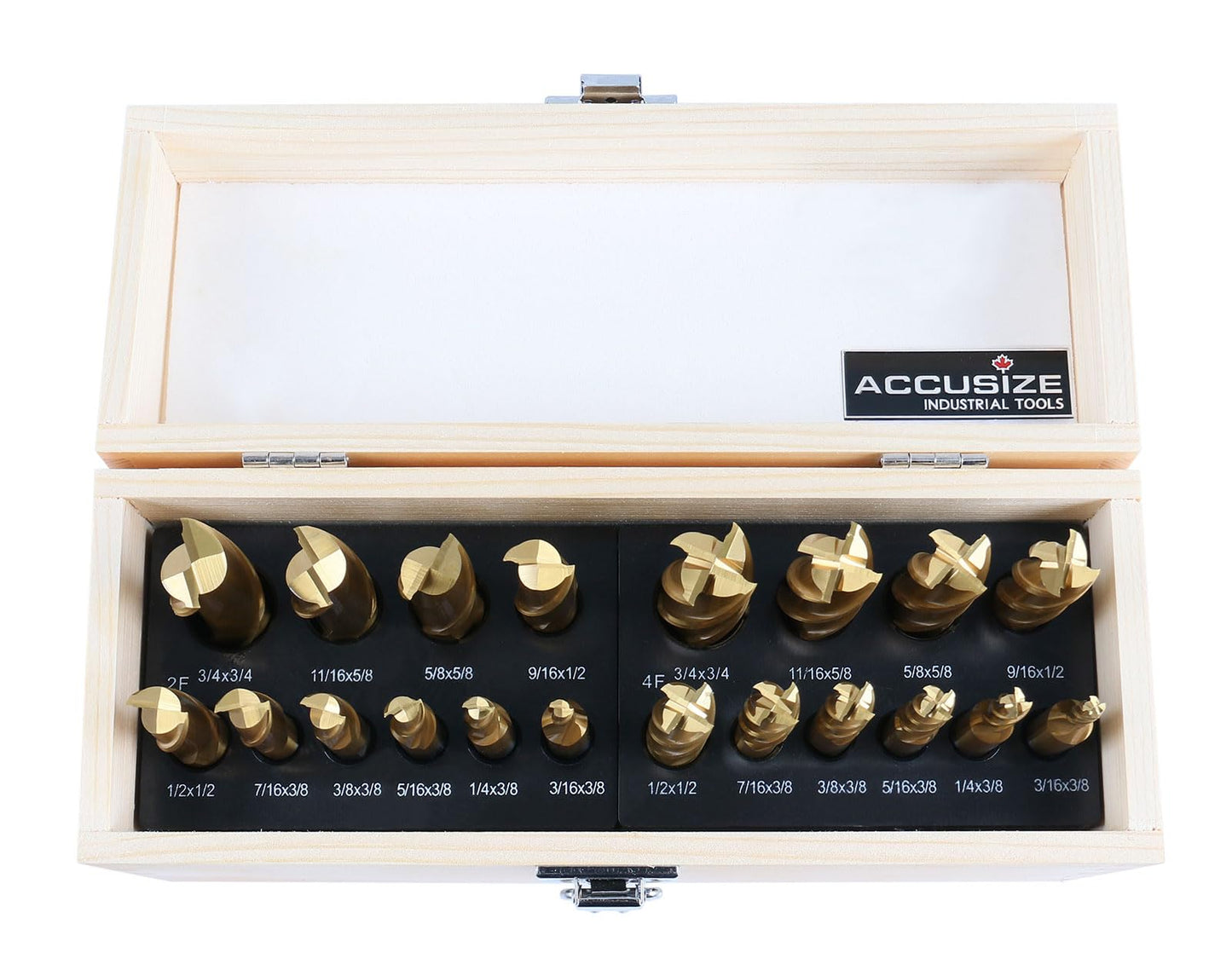 Accusize Industrial Tools 20-PC TiN-Coated H.S.S. End Mill Set, Inch Sizes 3/16" to 3/4", 2F and 4F, Straight Shank, Wood Case, 1810-0100