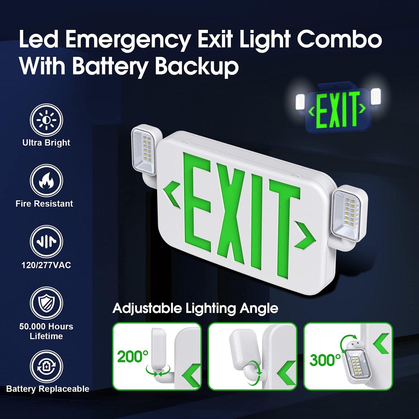 LED Combo Emergency Exit Sign Light with Adjustable Heads & Backup Battery, US Standard Green, UL 924, 120/277V, 4-Pack