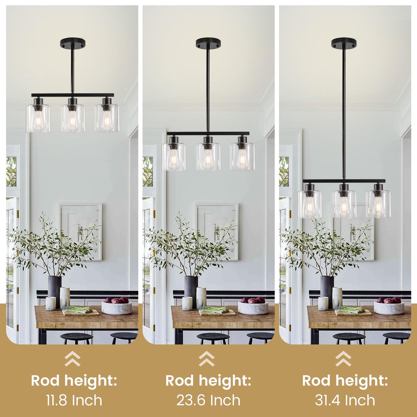 ROCUNSI 3-Light Kitchen Island Pendant Light, Black Farmhouse Hanging Fixture with Clear Glass Shades, E26 Base (Bulbs Not Included)