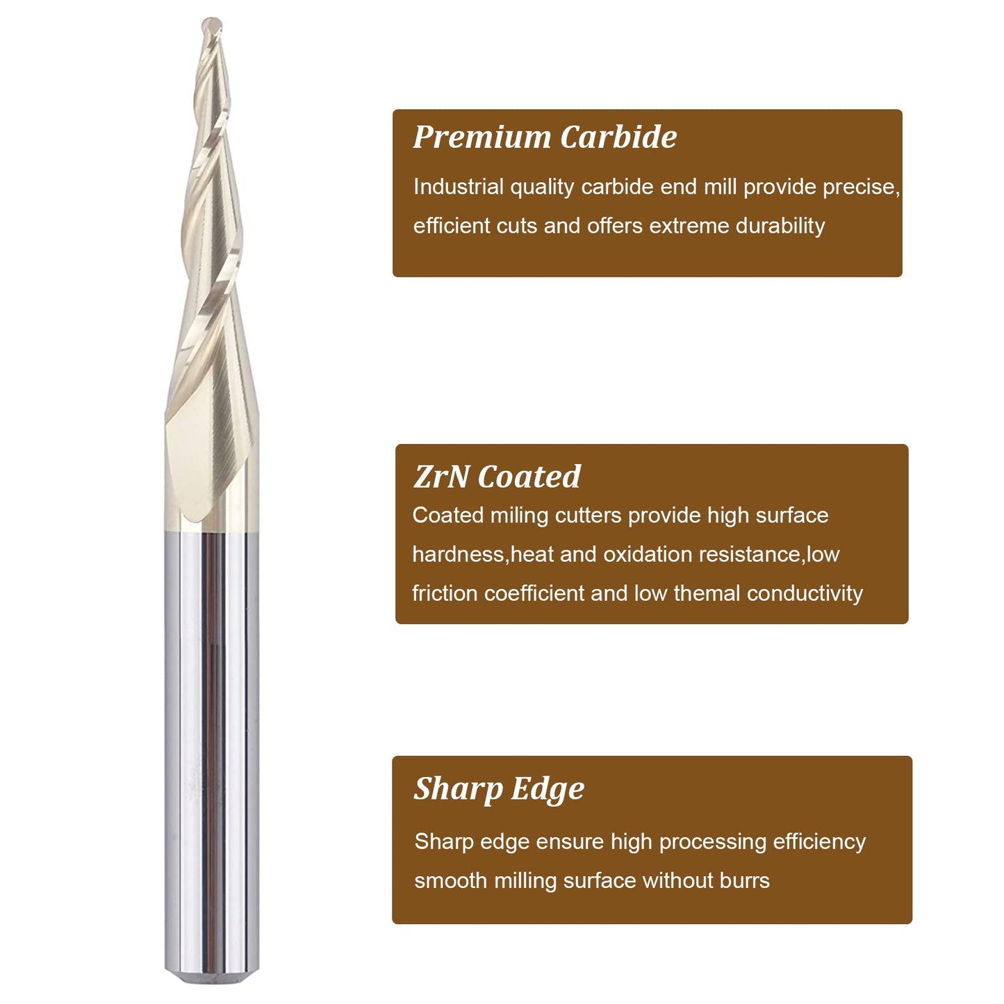 SpeTool Tapered Ball Nose End Mill 1/4" Shank with 1/32" Cutting Radius for 3D Carving Engraving Router Bit, ZrN Coated